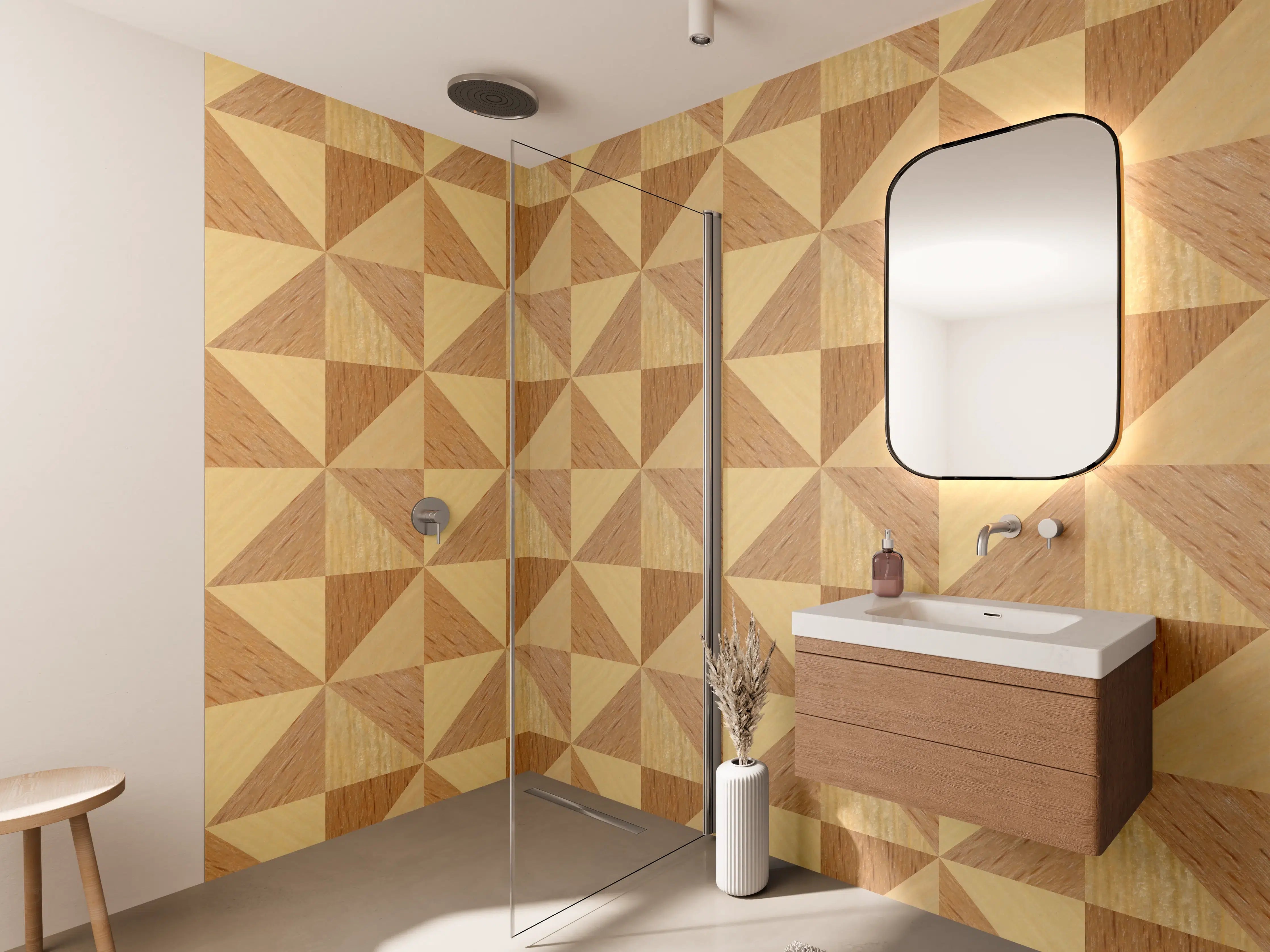 Wandverkleidung Bad - Graues Holzmuster mit geometrischer Eleganz