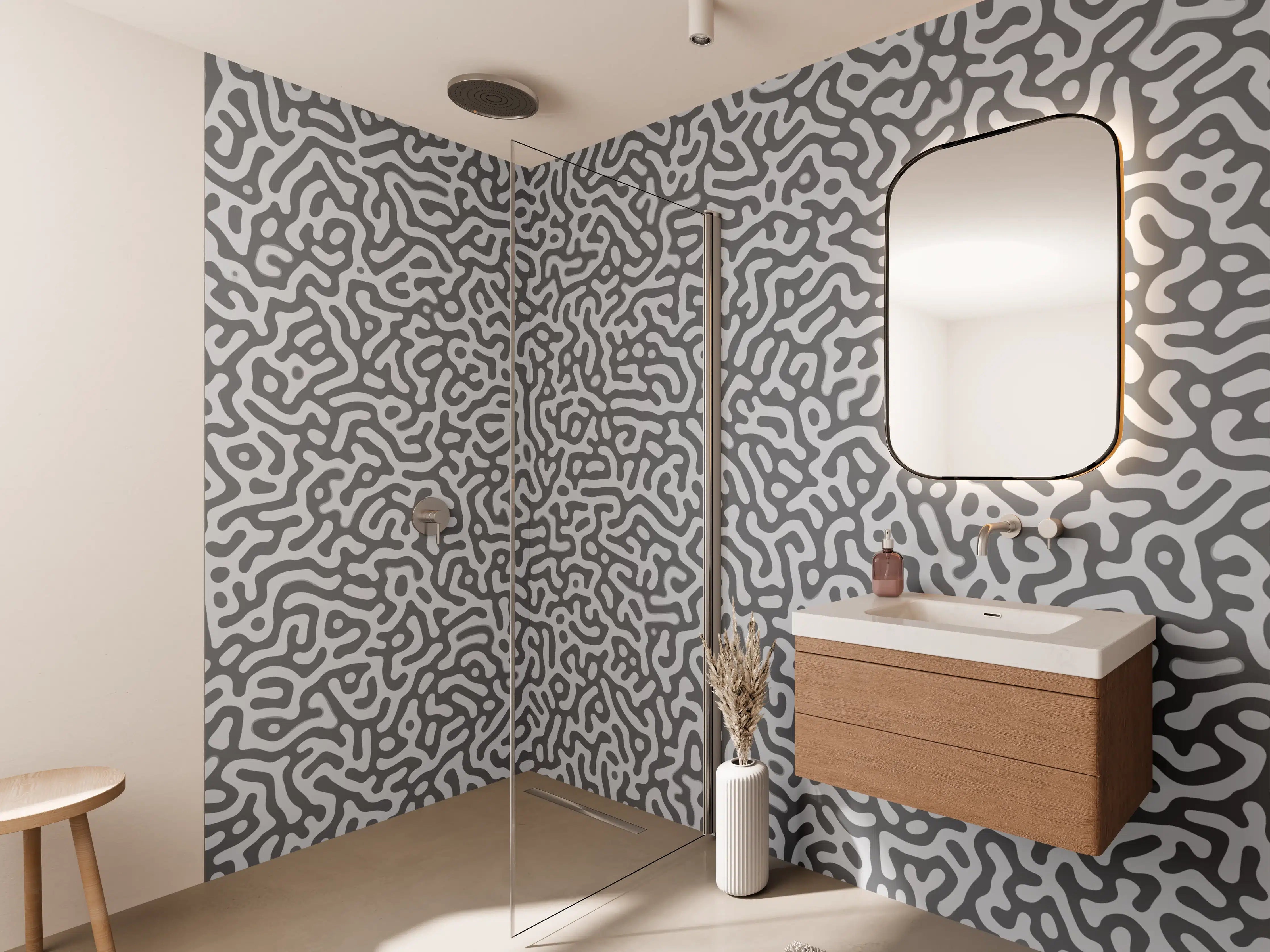 Wandverkleidung Bad - Graues Labyrinth-Design mit komplexen Mustern