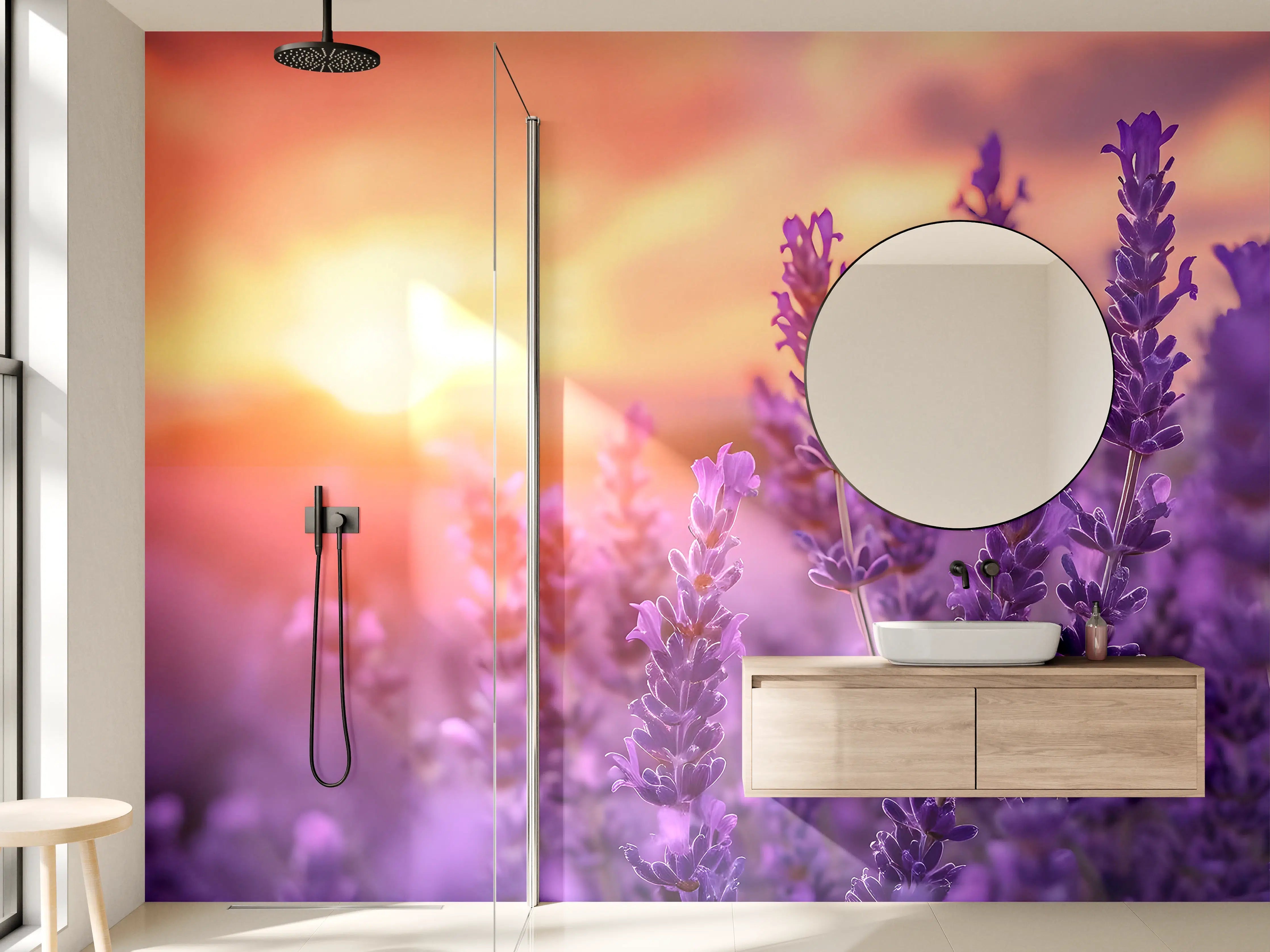 Wandverkleidung Bad - Graues Lavendelfeld im Abendlicht