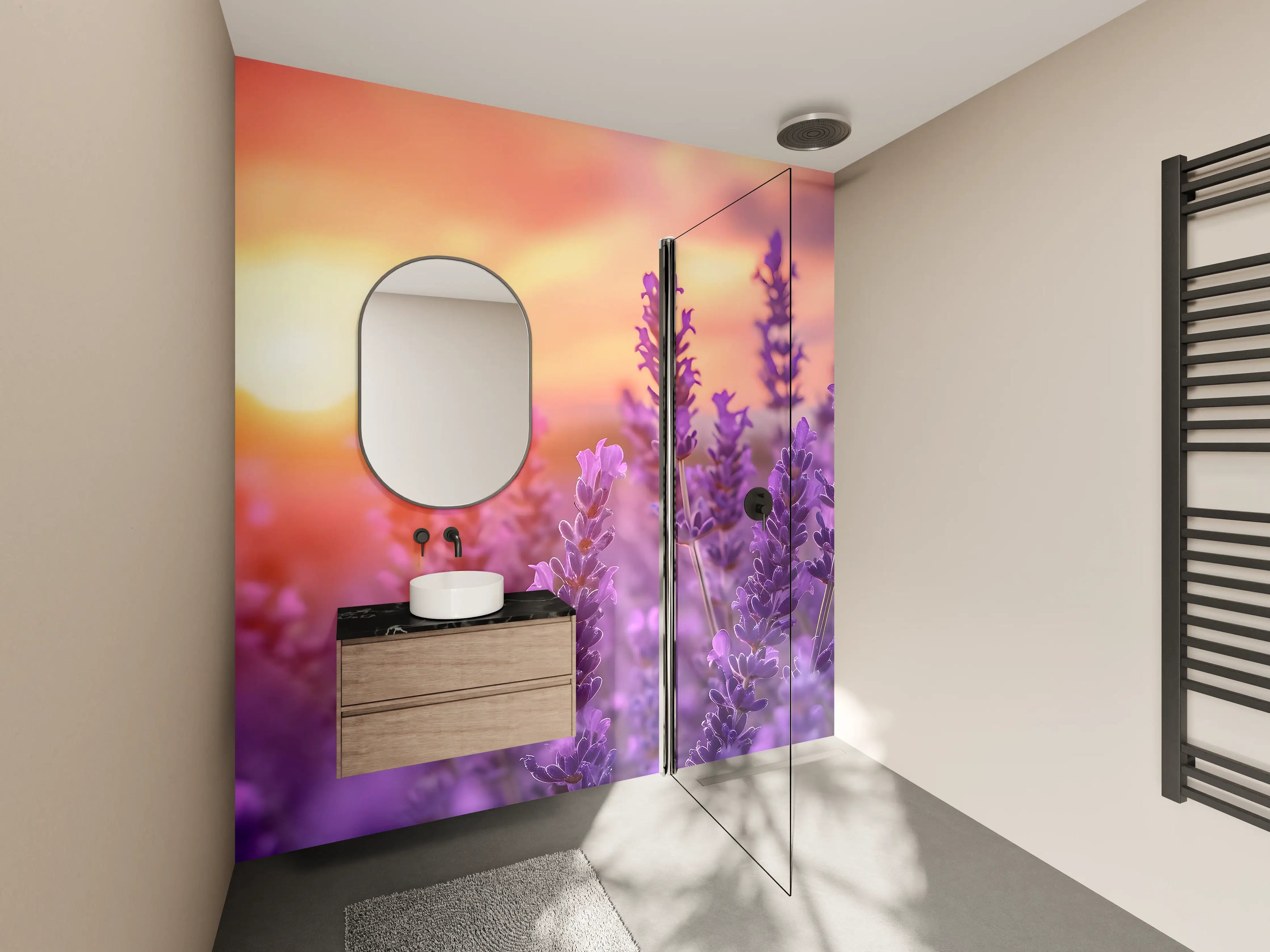 Wandverkleidung Bad - Graues Lavendelfeld im Abendlicht