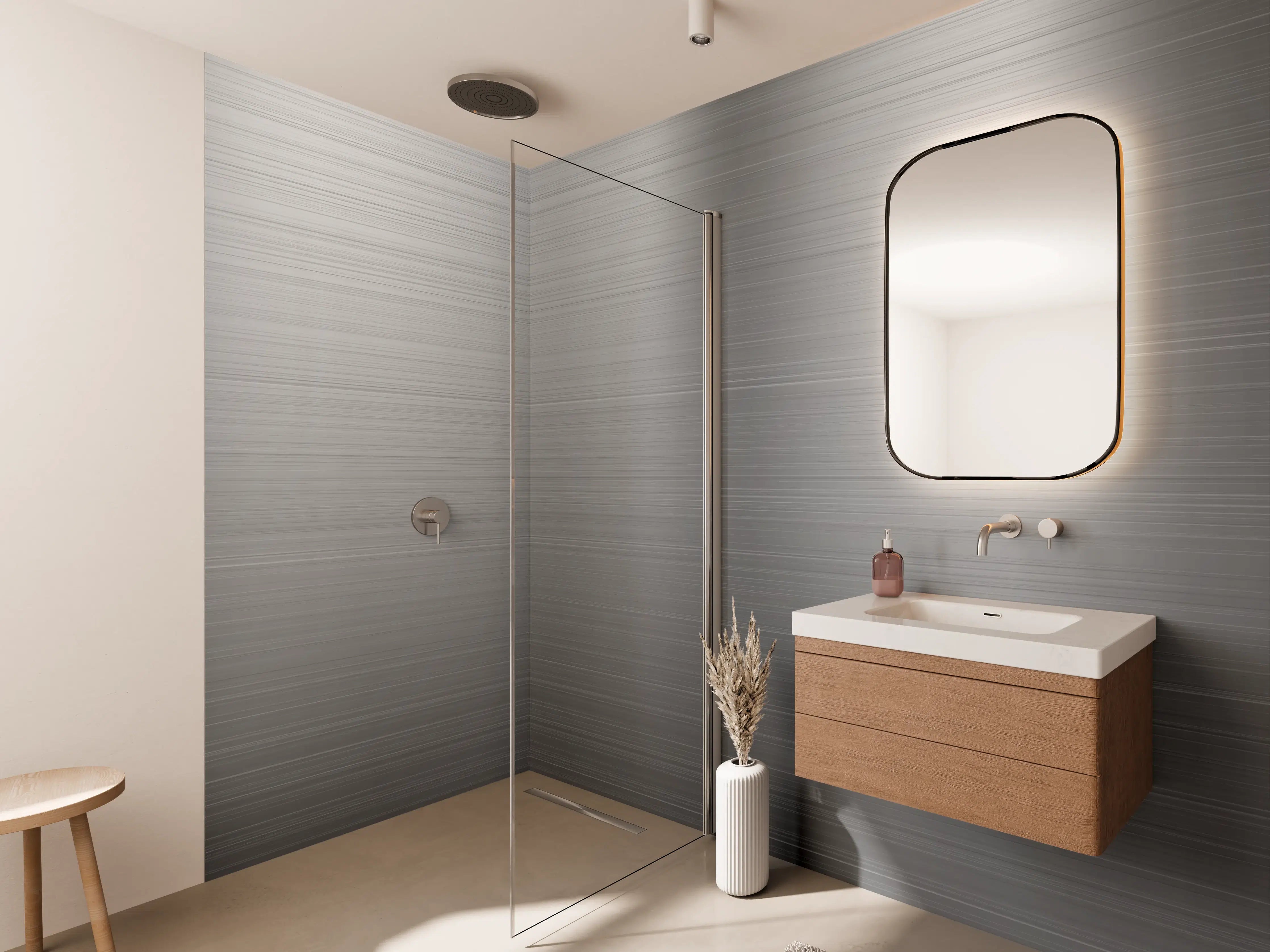 Wandverkleidung Bad - Graues Metall mit reflektierender Oberfläche