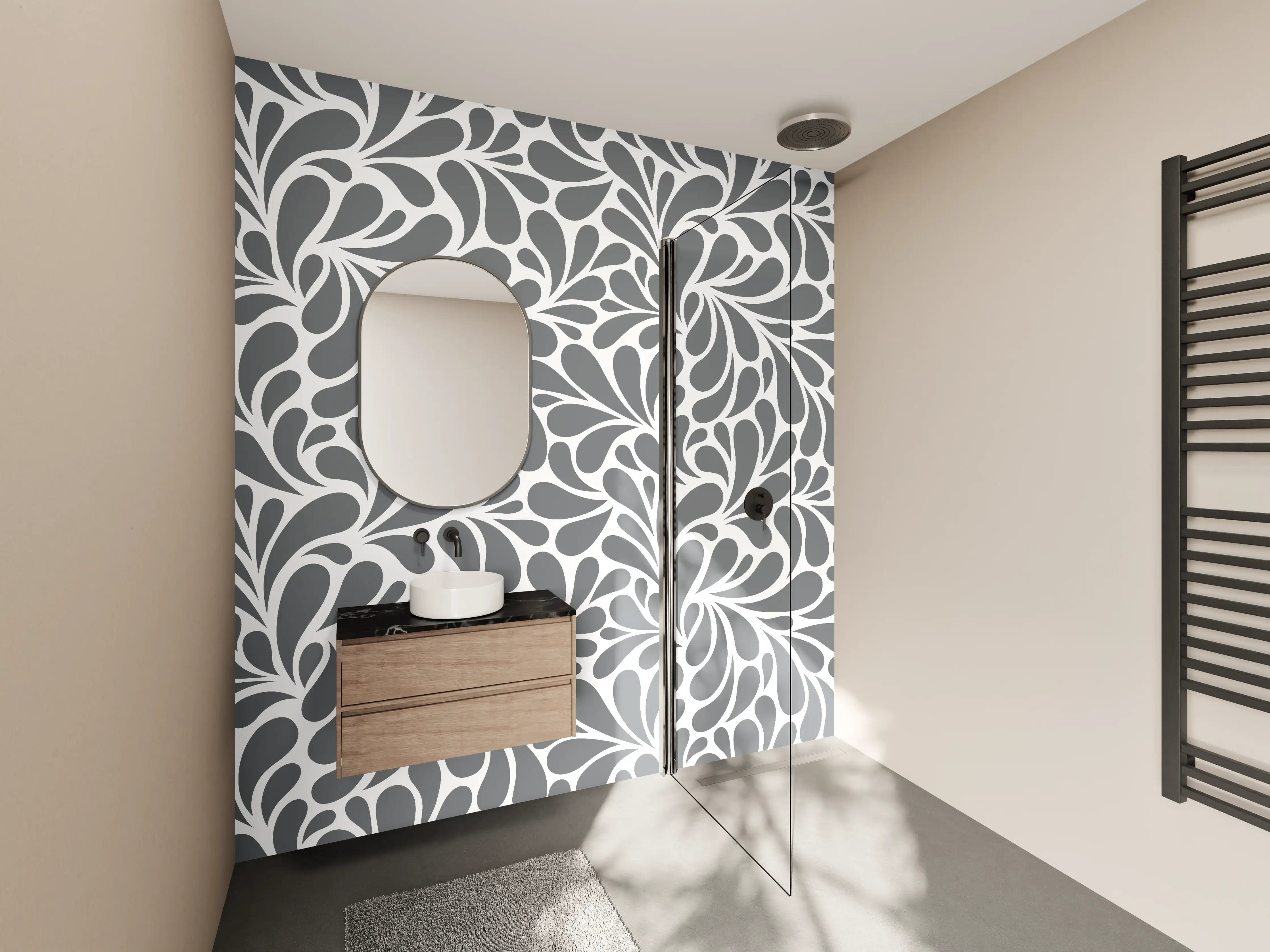 Wandverkleidung Bad - Graues und Weißes Blattmuster