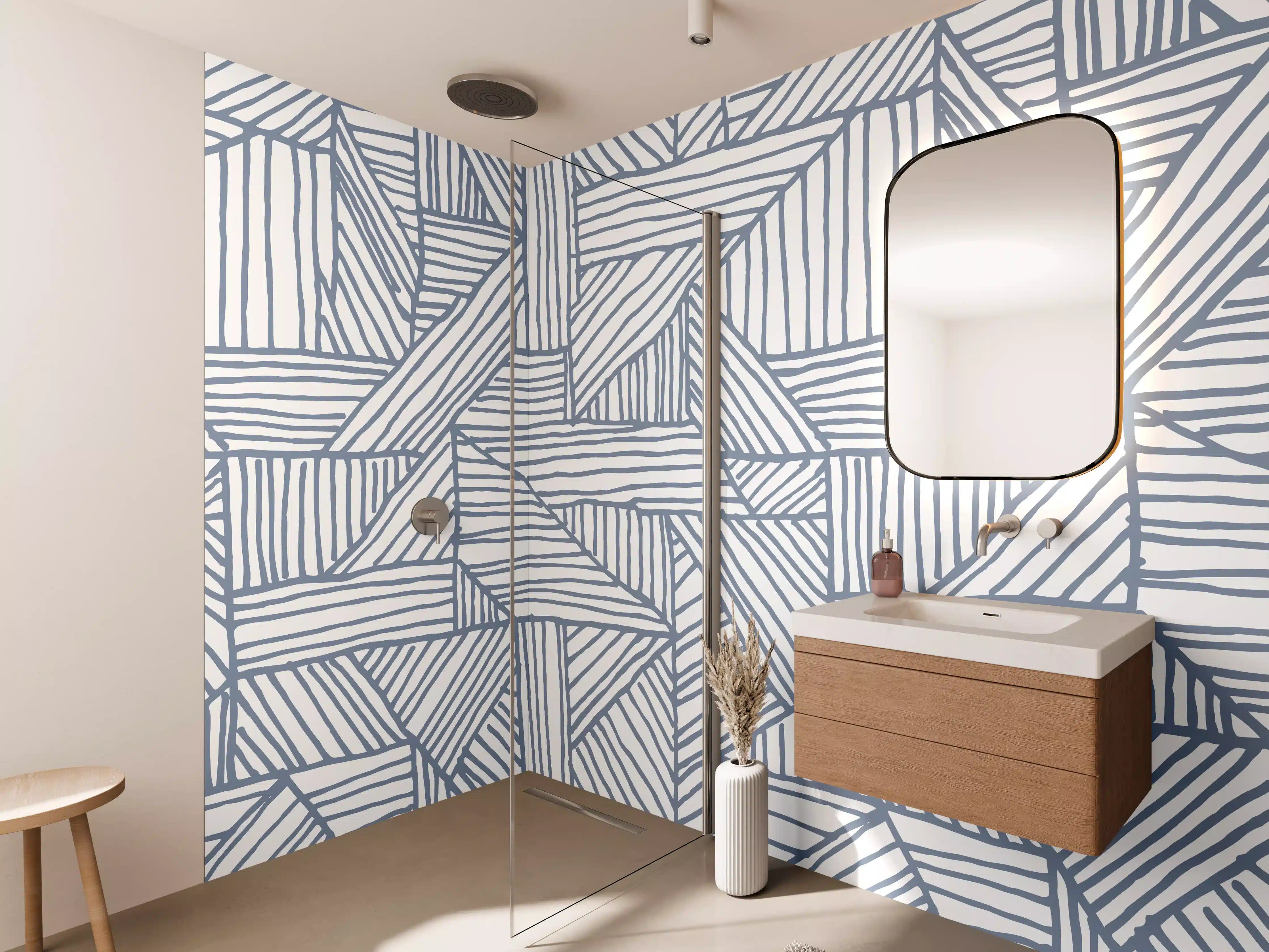 Wandverkleidung Bad - Graufarbene Linienmuster in Weiß