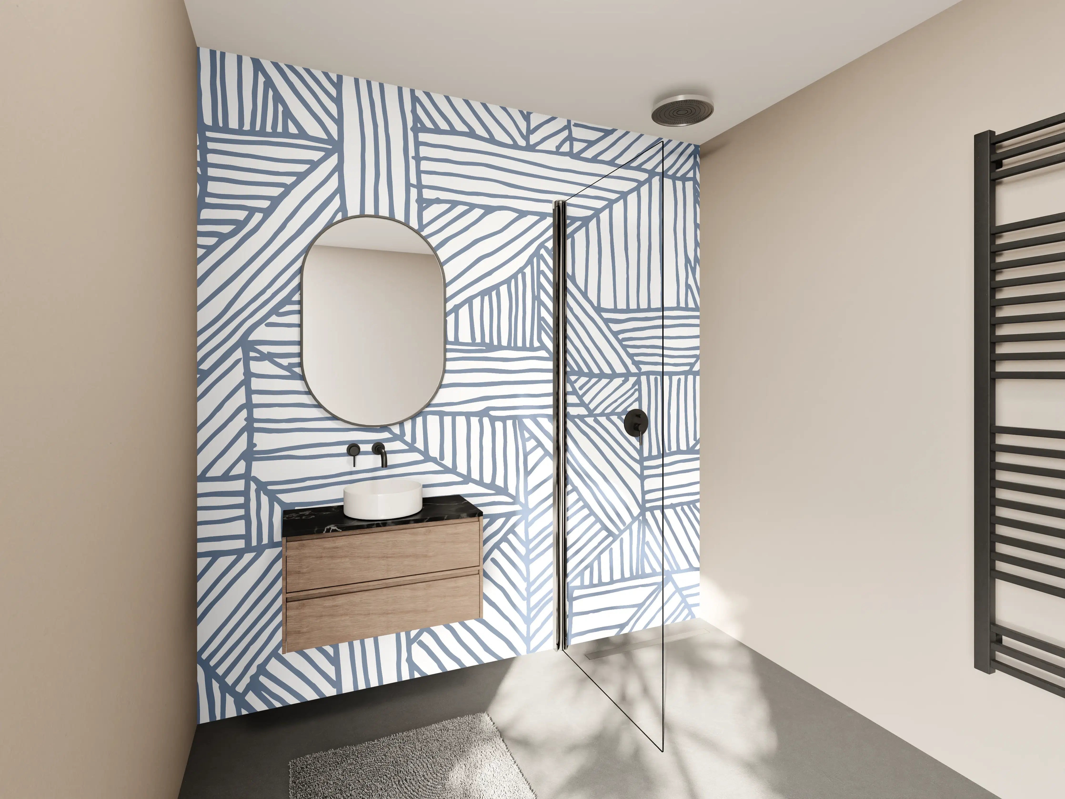 Wandverkleidung Bad - Graufarbene Linienmuster in Weiß