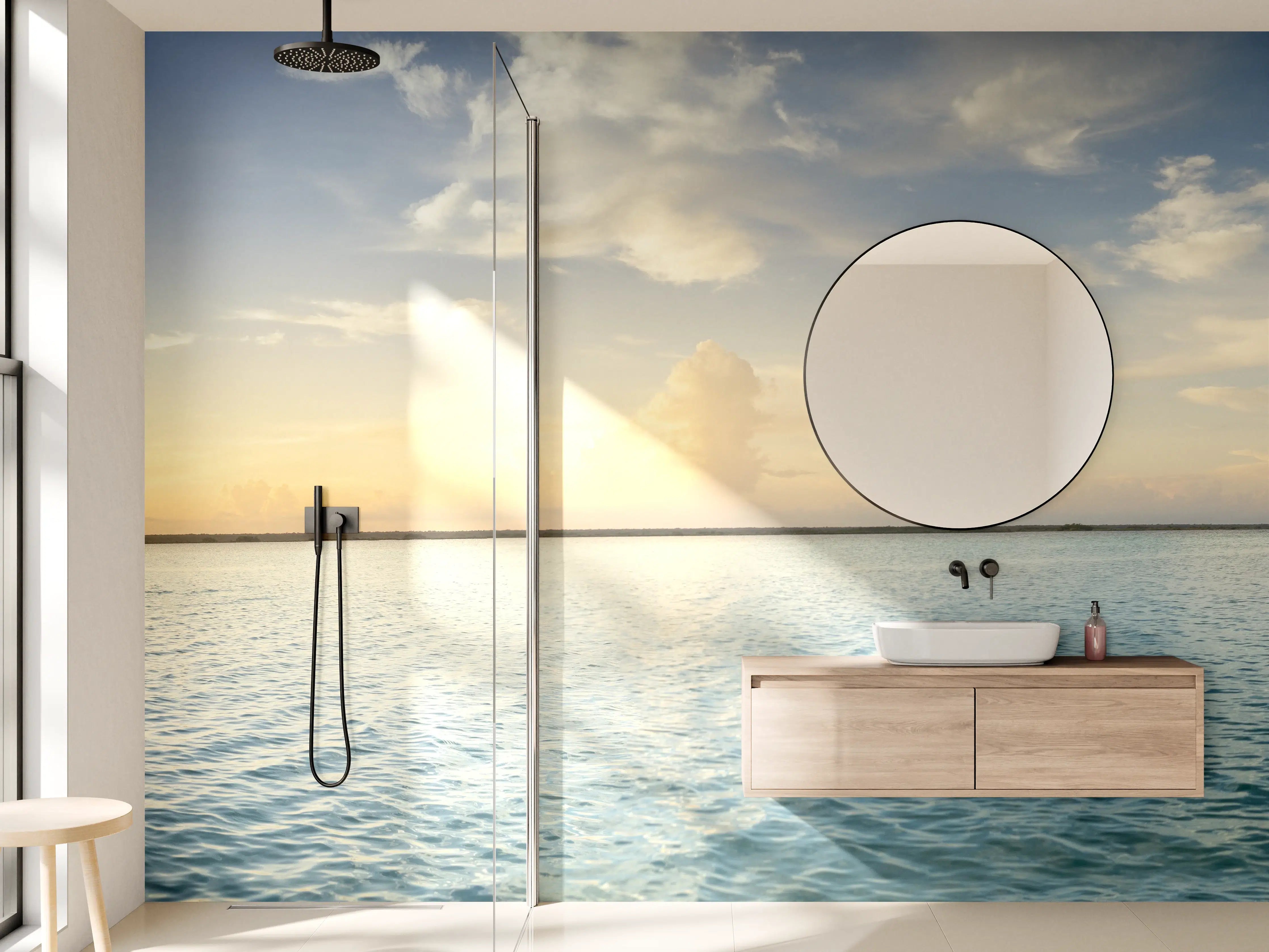 Wandverkleidung Bad - Grauwe Wolken über stiller See