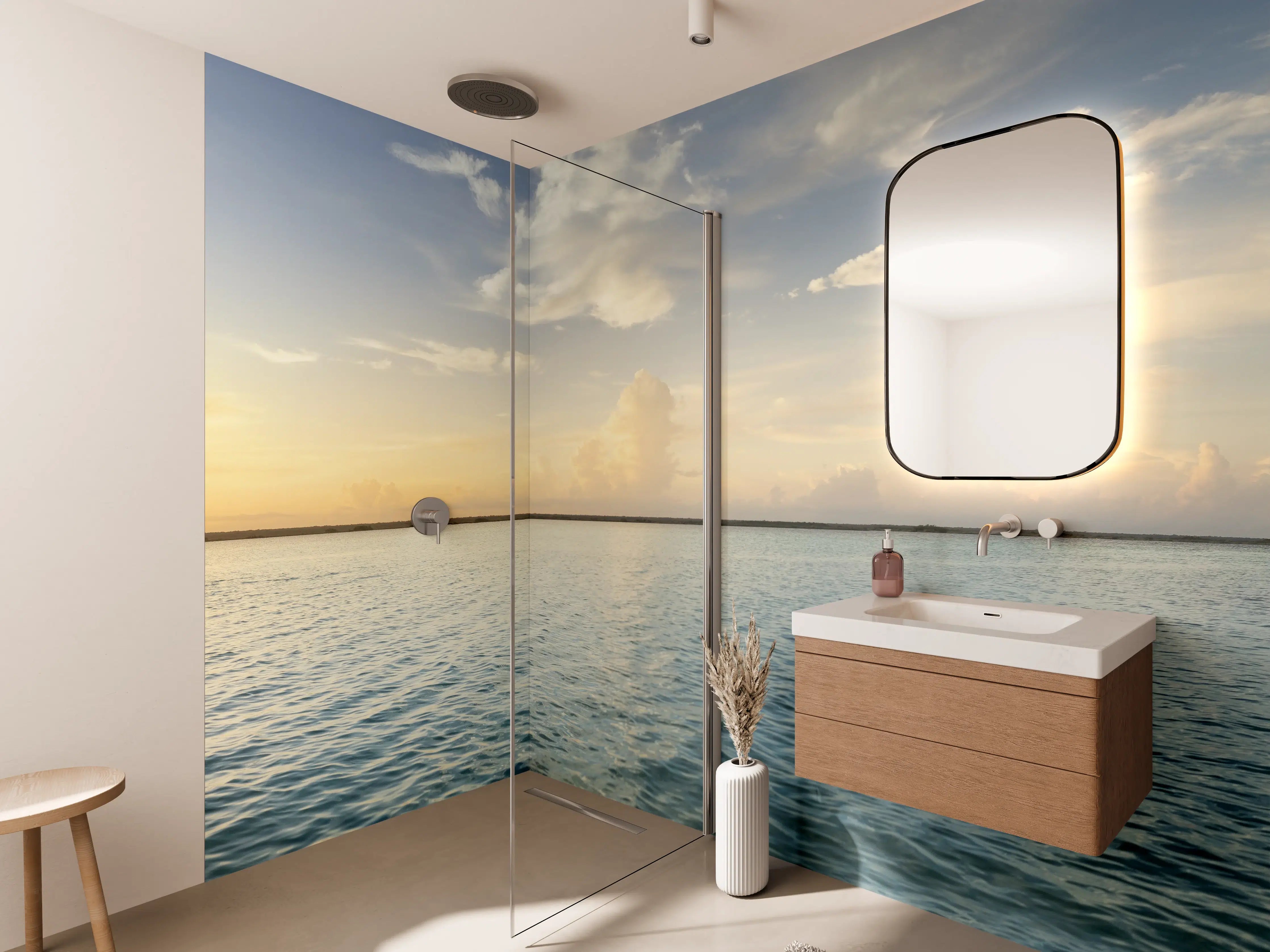 Wandverkleidung Bad - Grauwe Wolken über stiller See