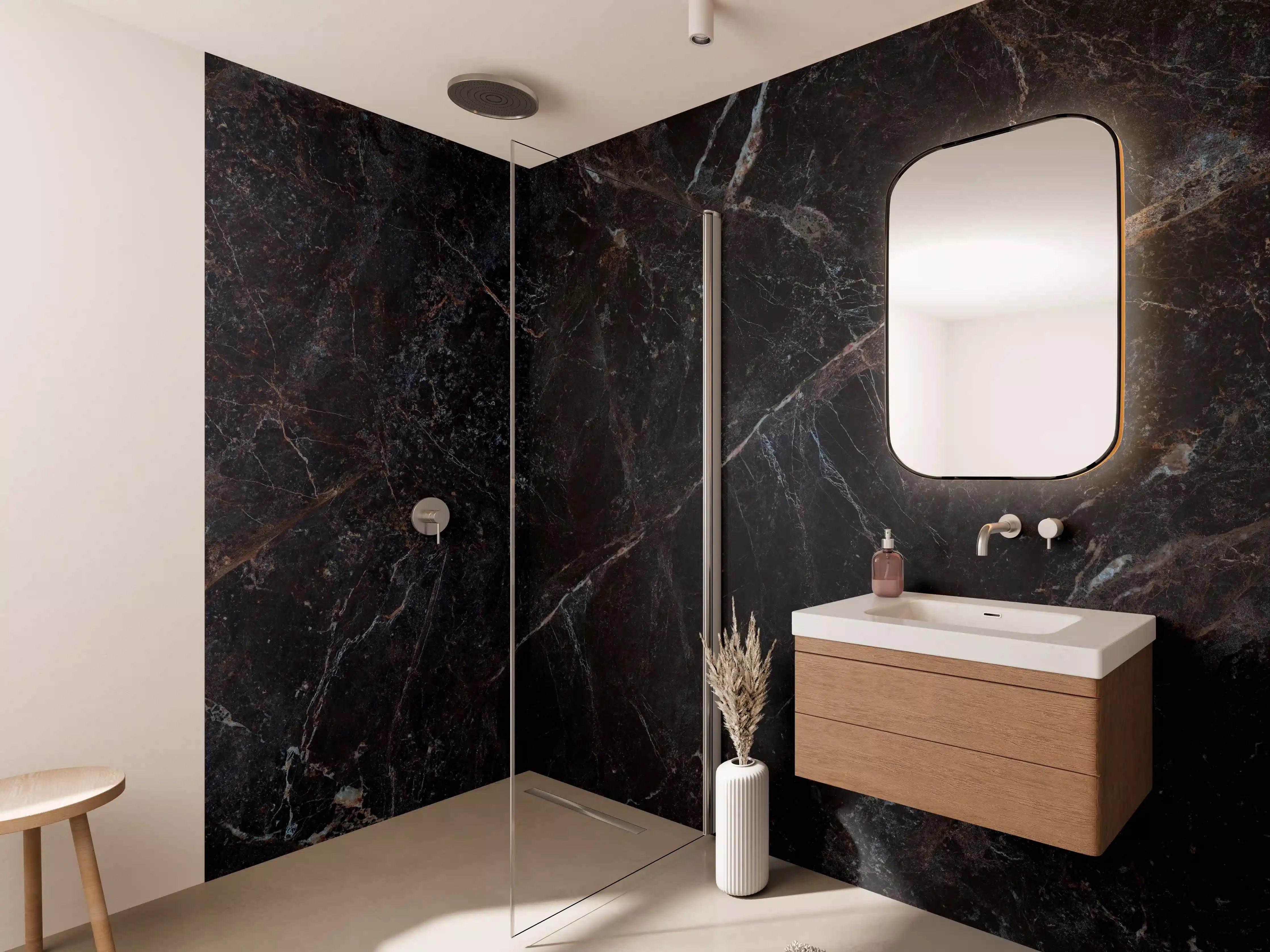 Wandverkleidung Bad - Grauweiß mit goldenen Linien