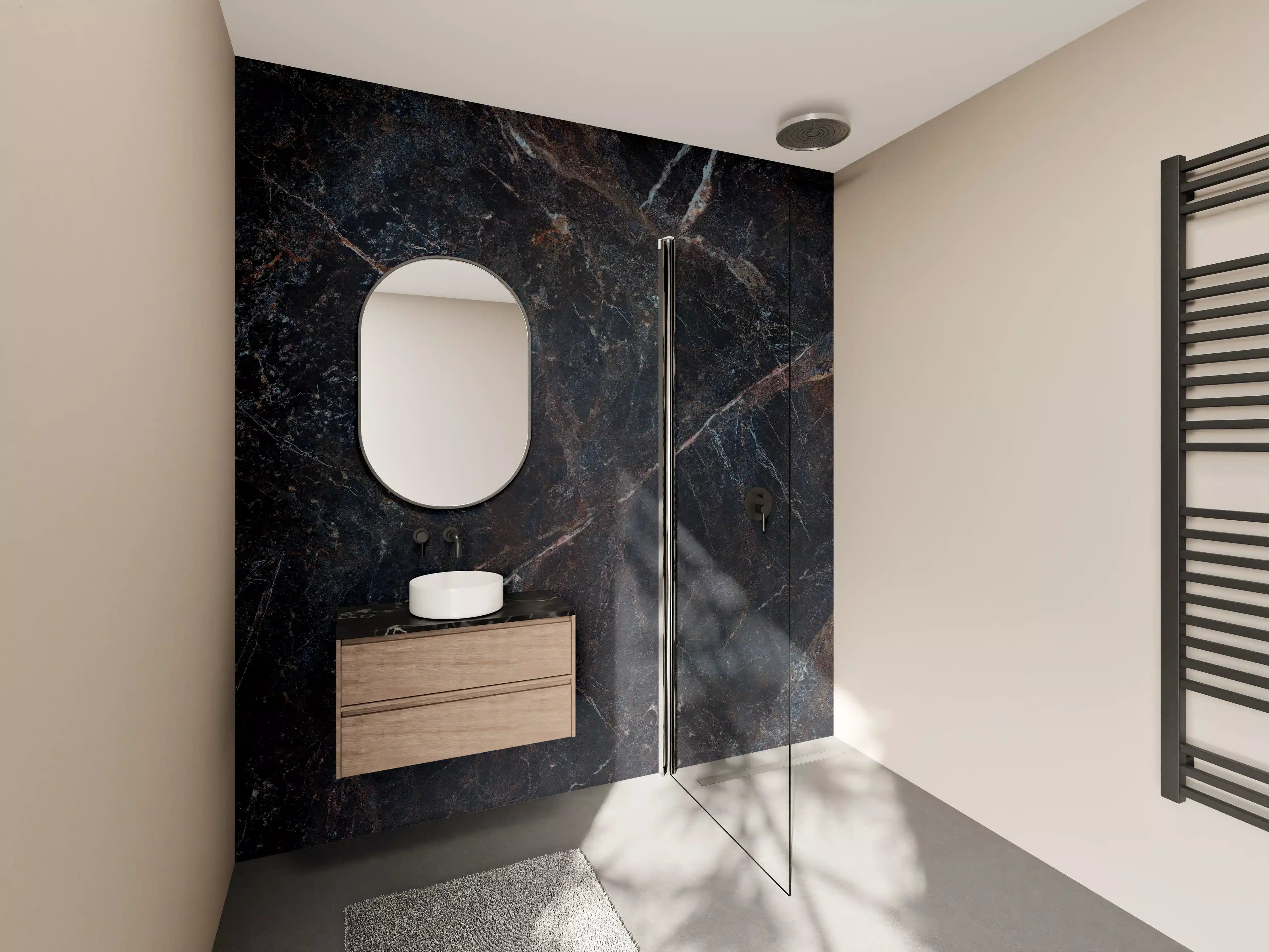 Wandverkleidung Bad - Grauweiß mit goldenen Linien