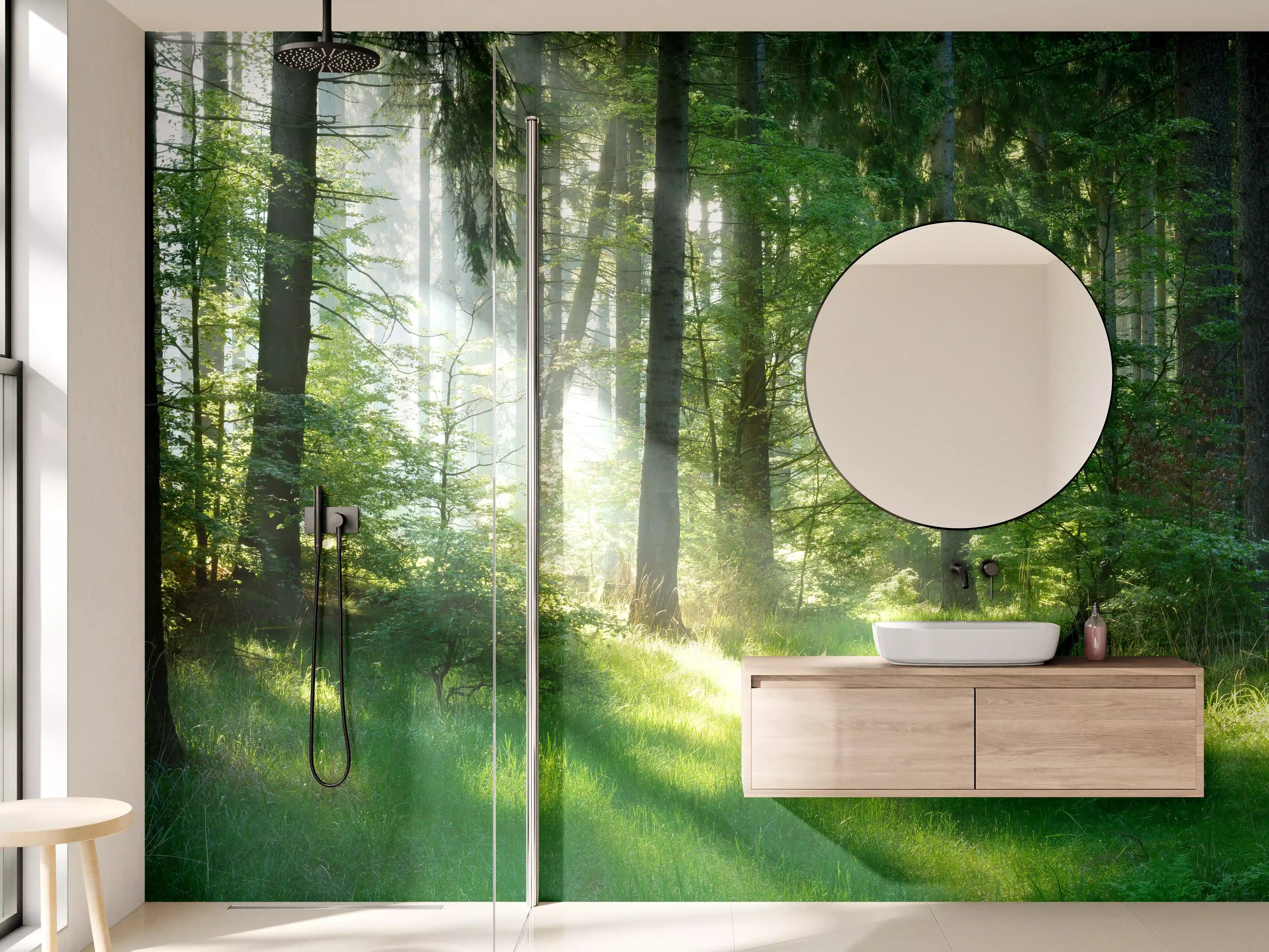 Wandverkleidung Bad - Grauweißer Sonnenfleck im Wald