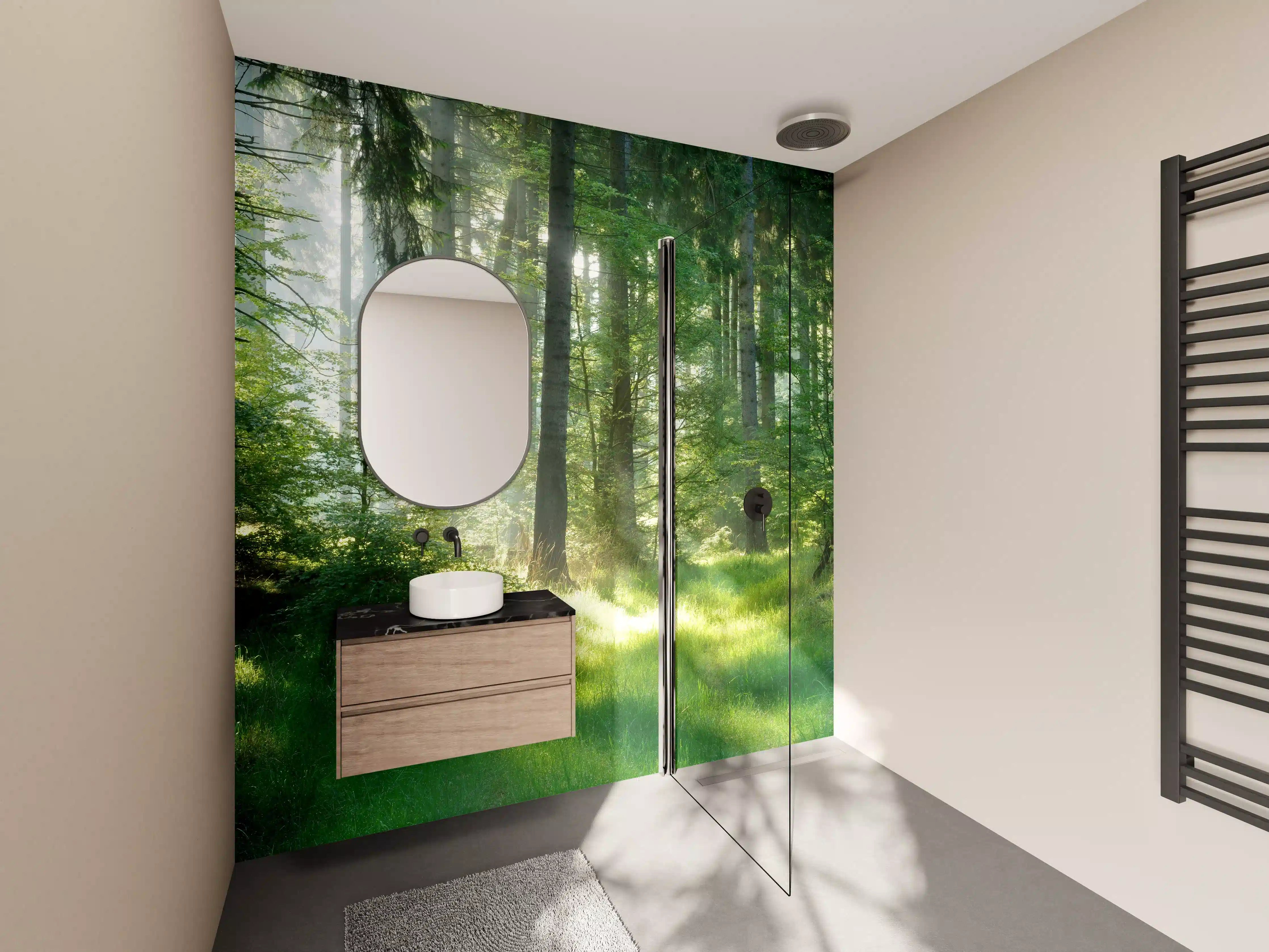 Wandverkleidung Bad - Grauweißer Sonnenfleck im Wald