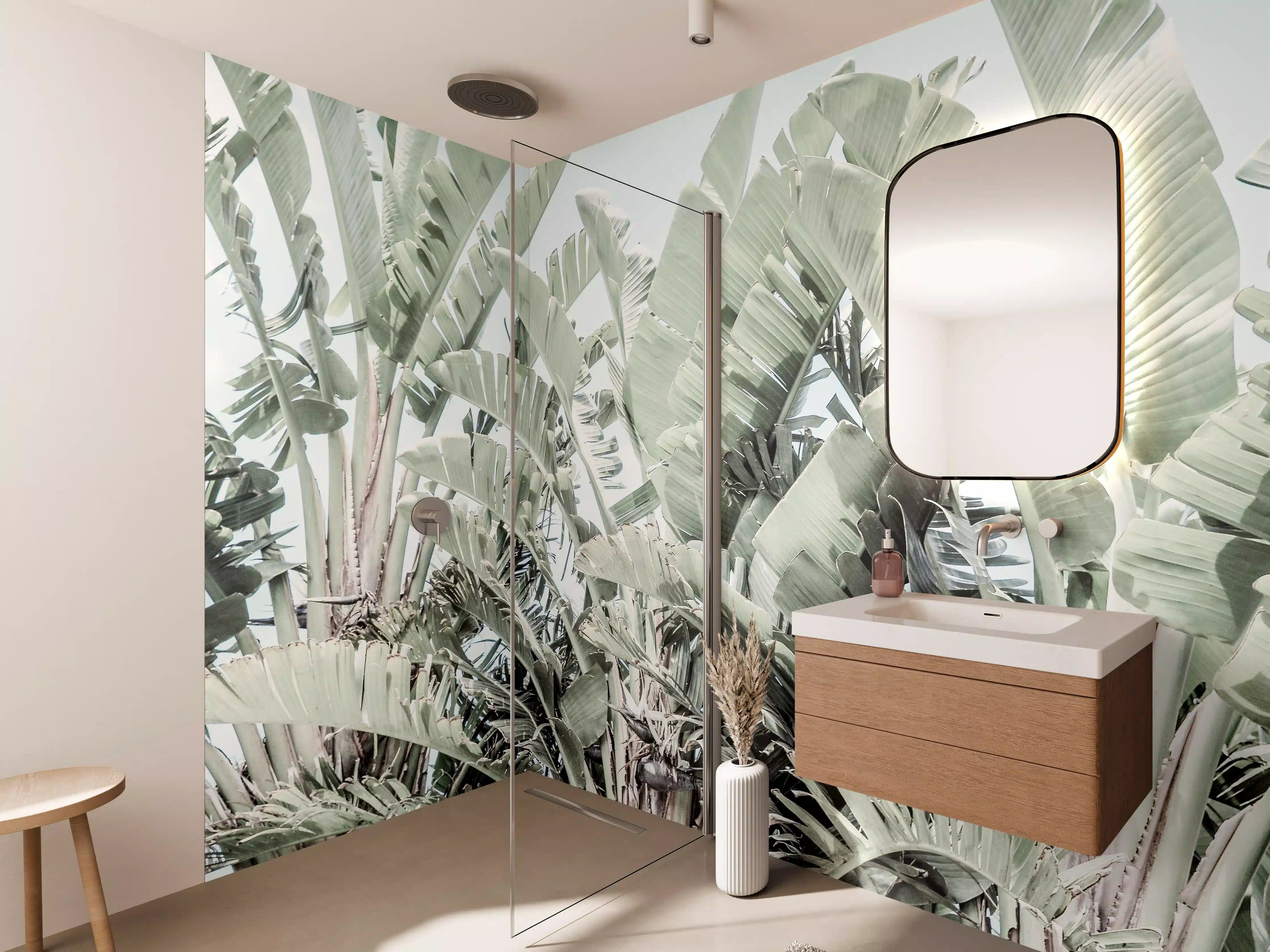 Wandverkleidung Bad - Grün-Weiße Palmenblätter