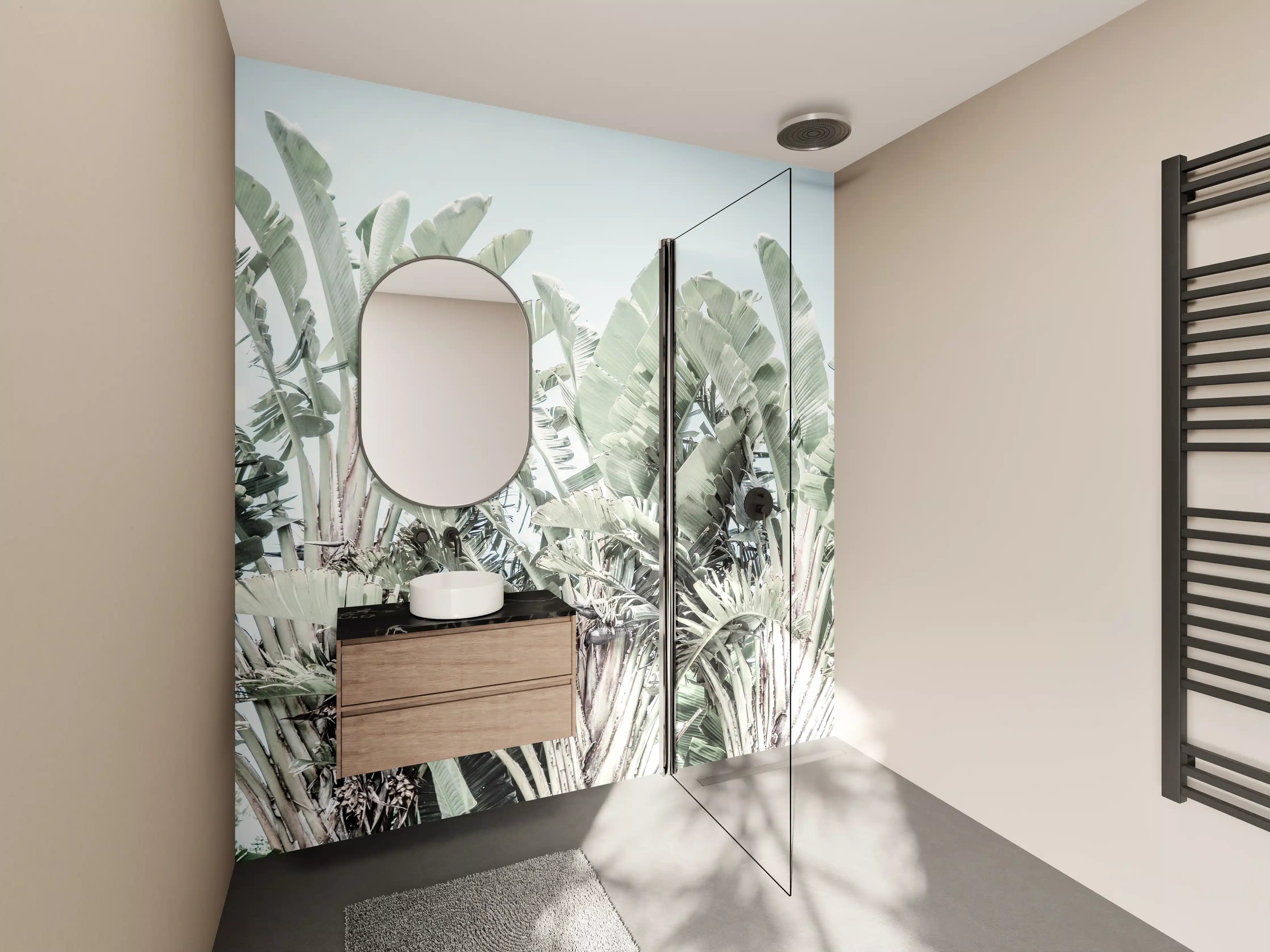 Wandverkleidung Bad - Grün-Weiße Palmenblätter