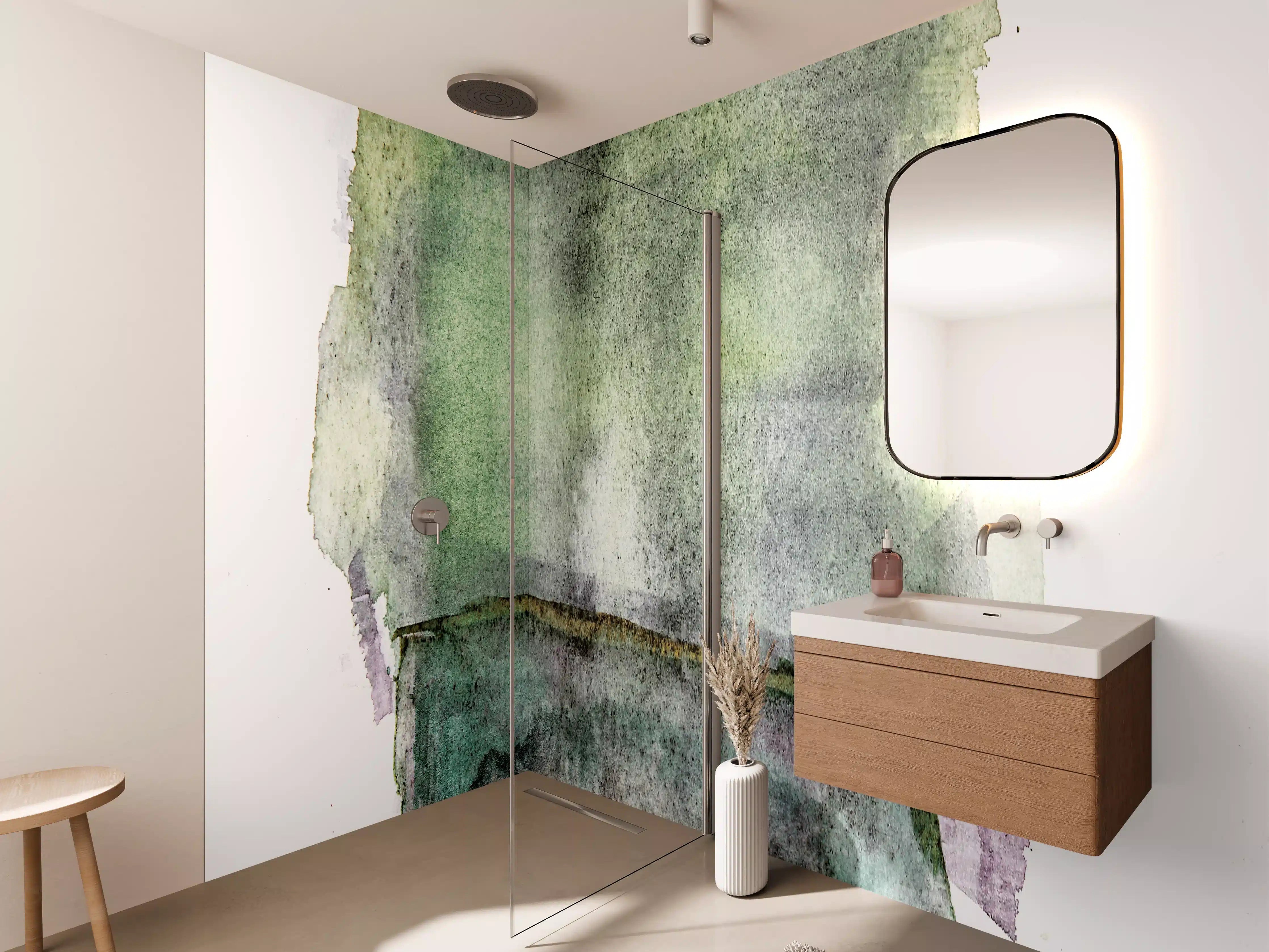 Wandverkleidung Bad - Grün-weiße Aquarellmalerei