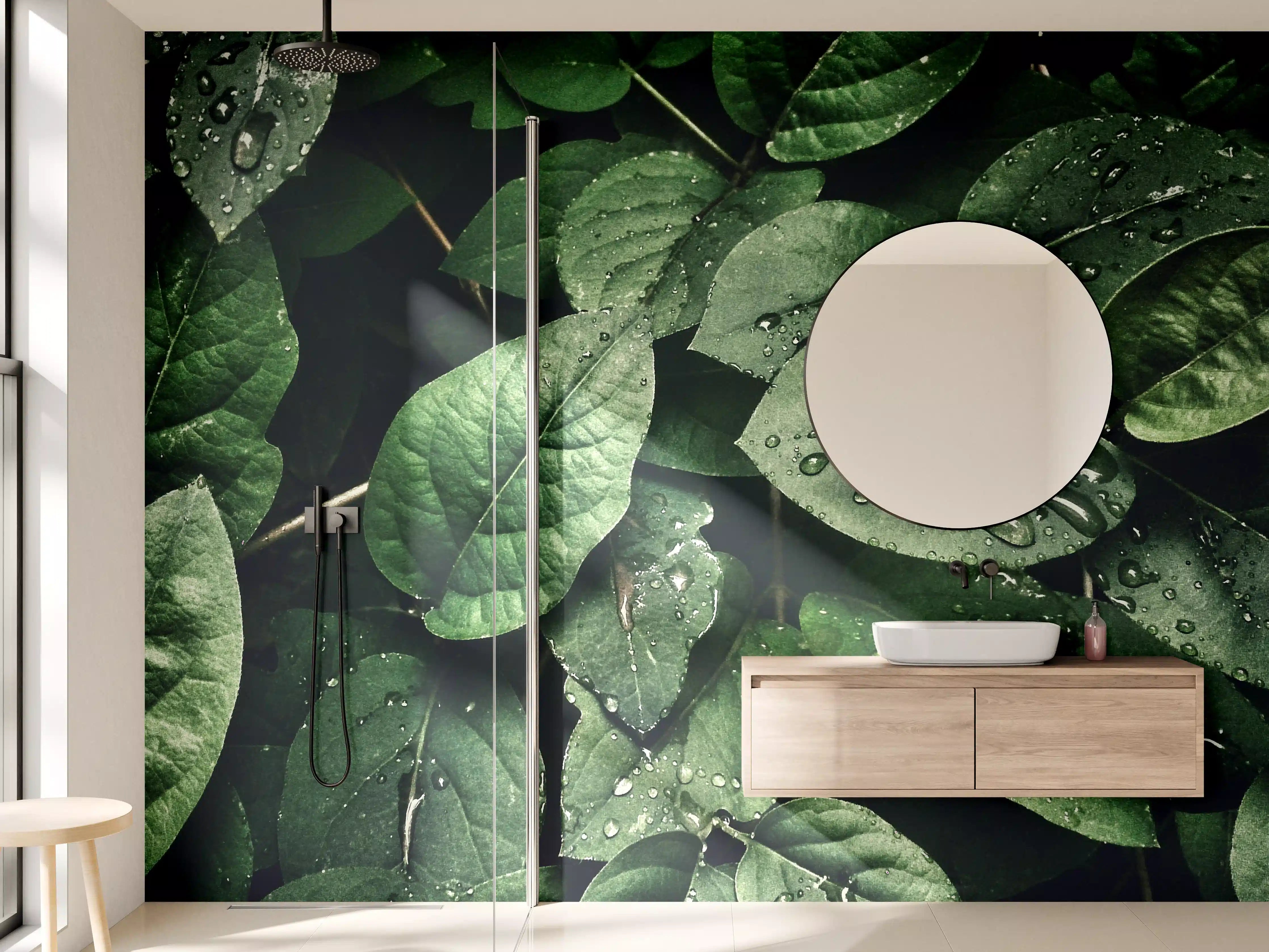 Wandverkleidung Bad - Grüne Blätter mit Wassertropfen