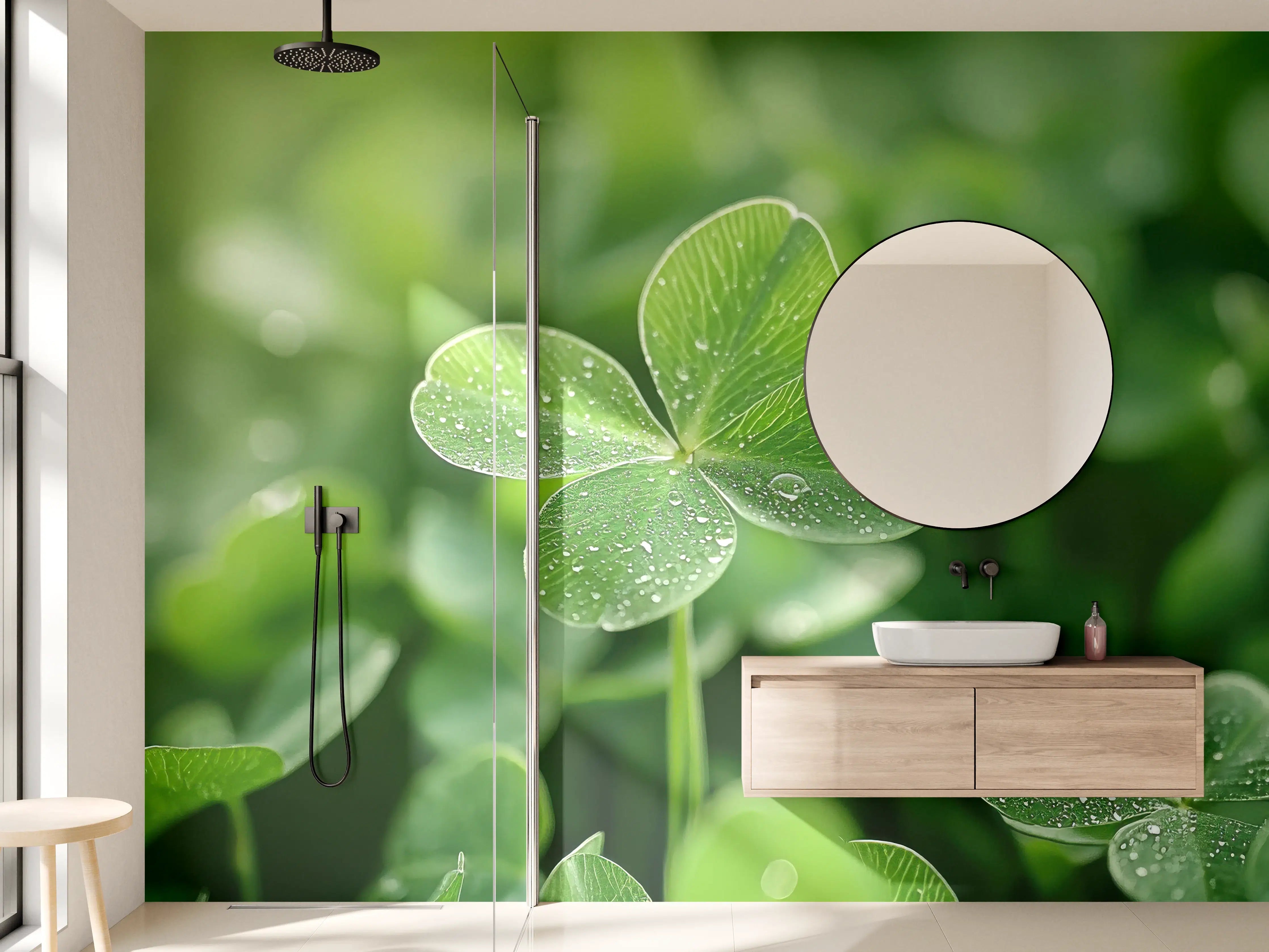 Wandverkleidung Bad - Grüne Klee-Blätter mit Tau