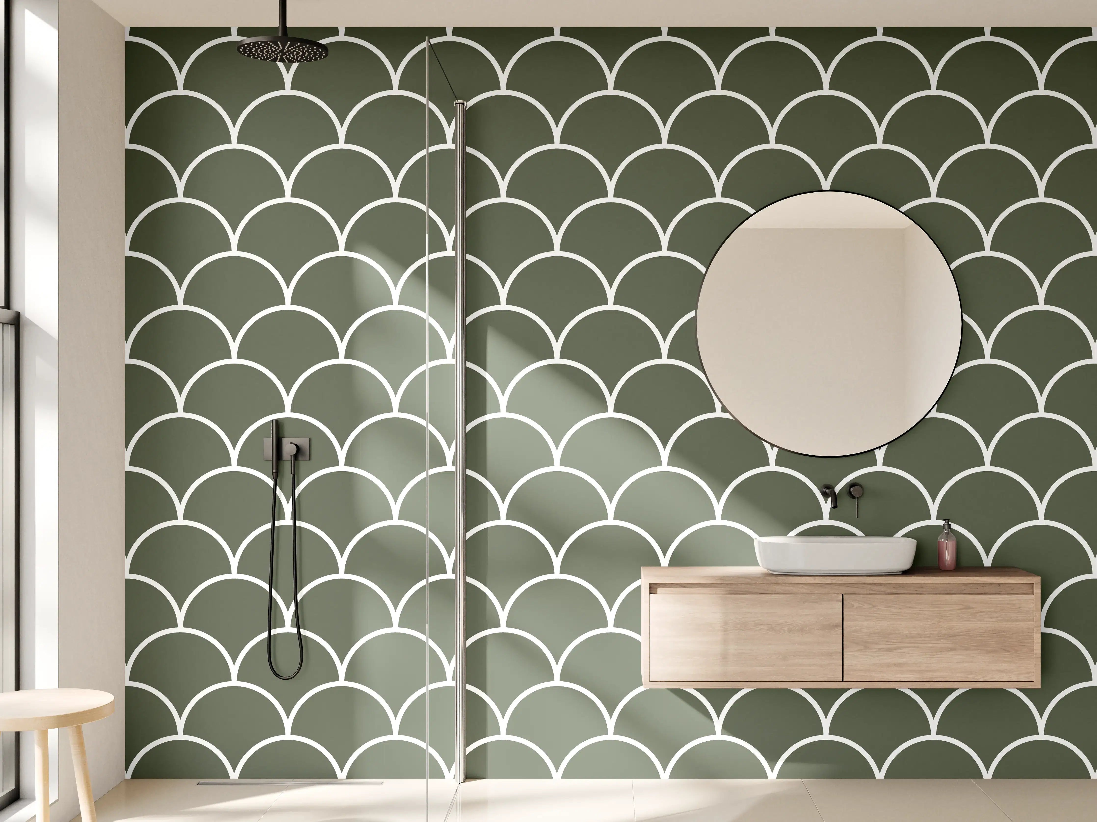 Wandverkleidung Bad - Grüne Schuppenmuster mit Metallic-Akzenten