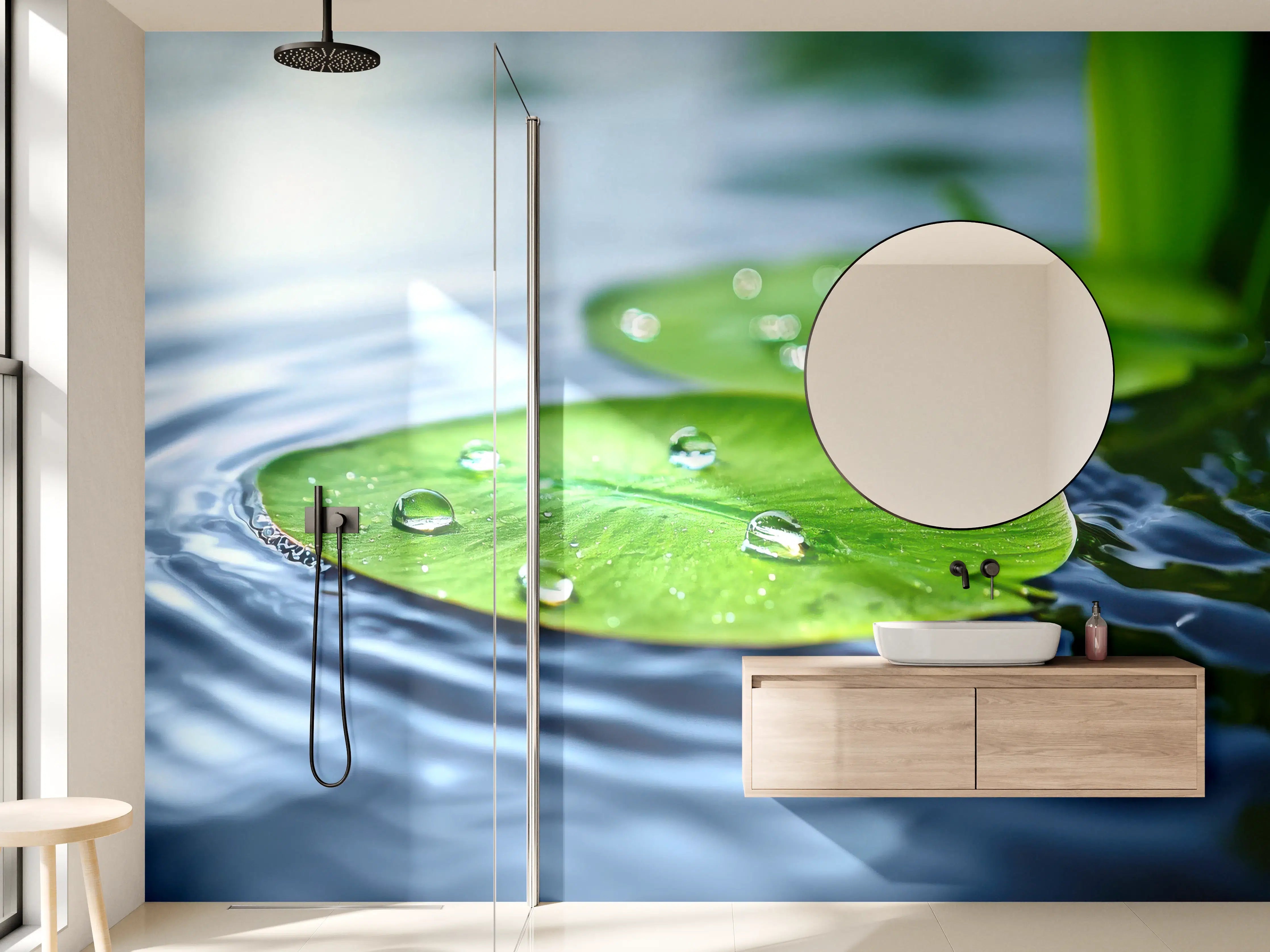 Wandverkleidung Bad - Grüne Wasserlilie mit Wassertropfen