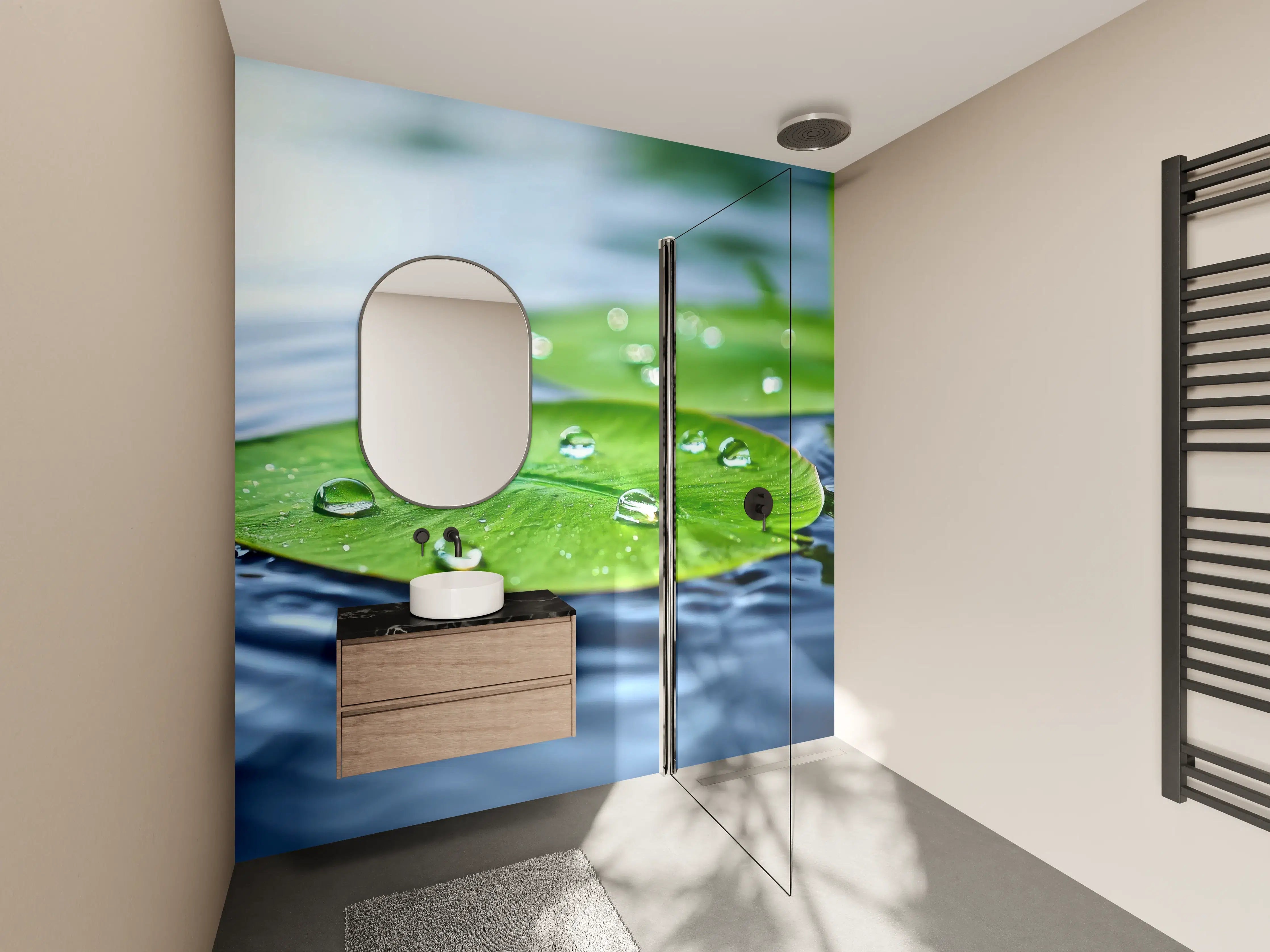 Wandverkleidung Bad - Grüne Wasserlilie mit Wassertropfen