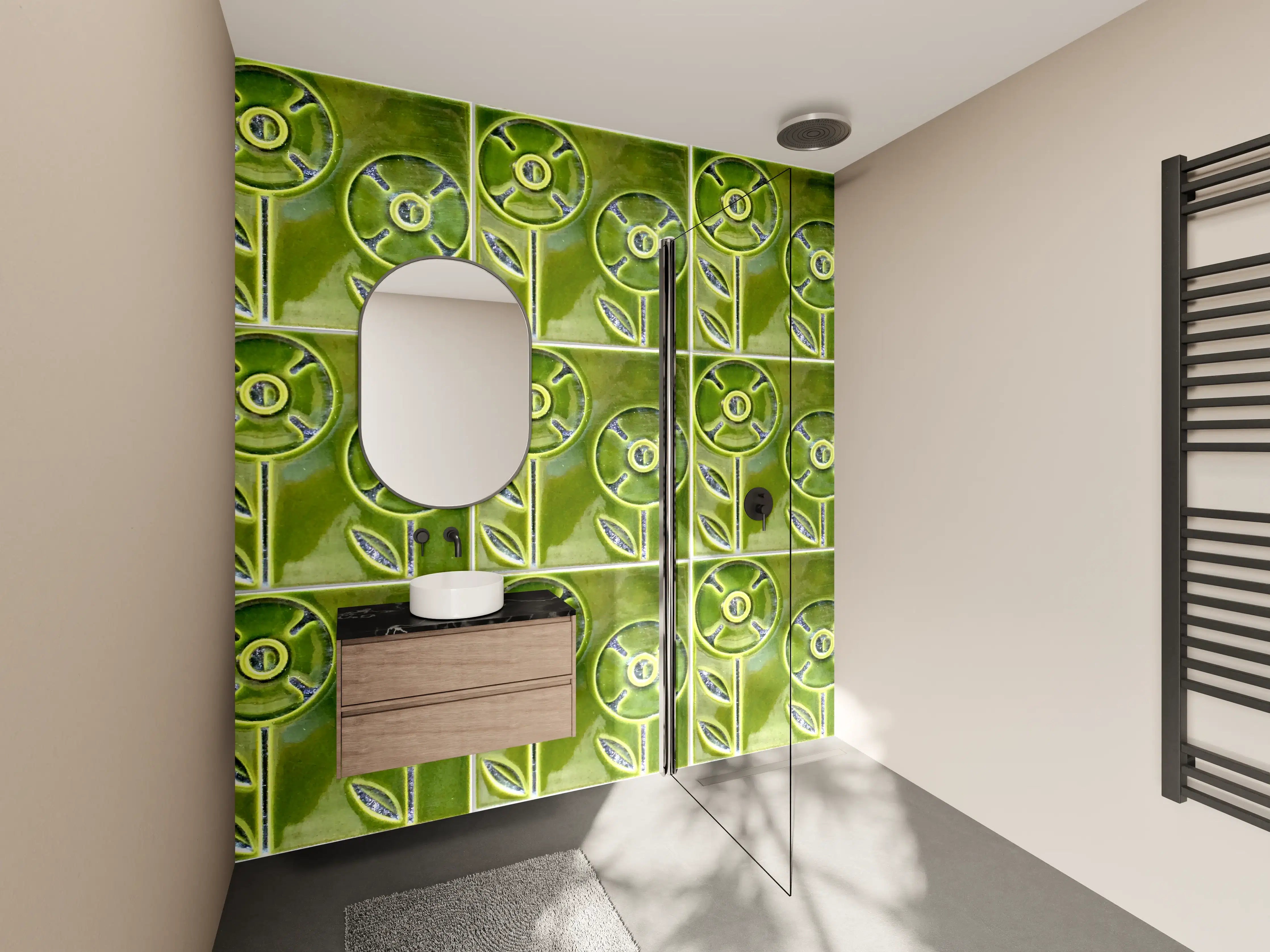 Wandverkleidung Bad - Grüne, blumenartige Fliesen im Muster