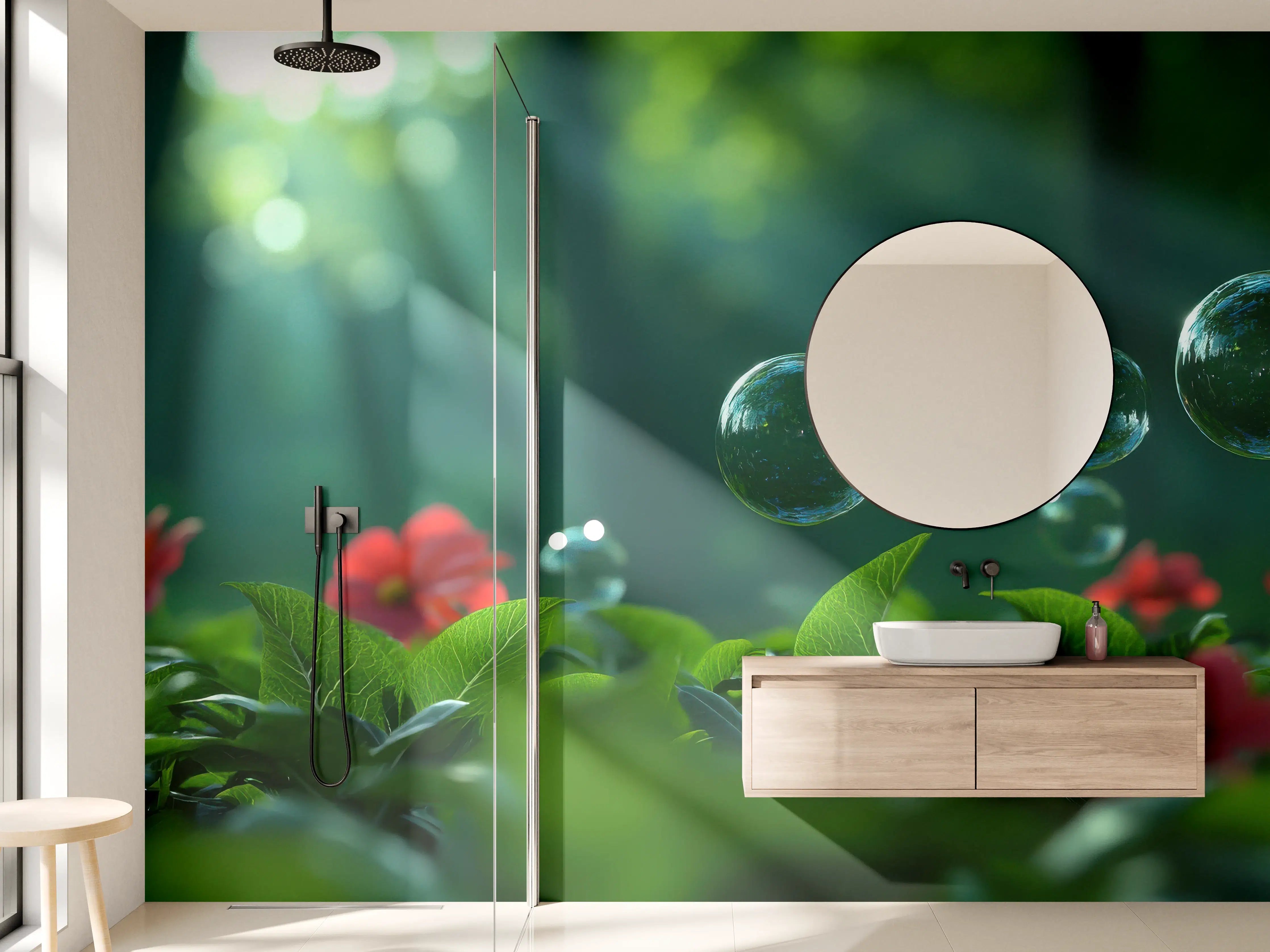 Wandverkleidung Bad - Grünes Dschungel- und Wasserbälge mit Sonnenlicht