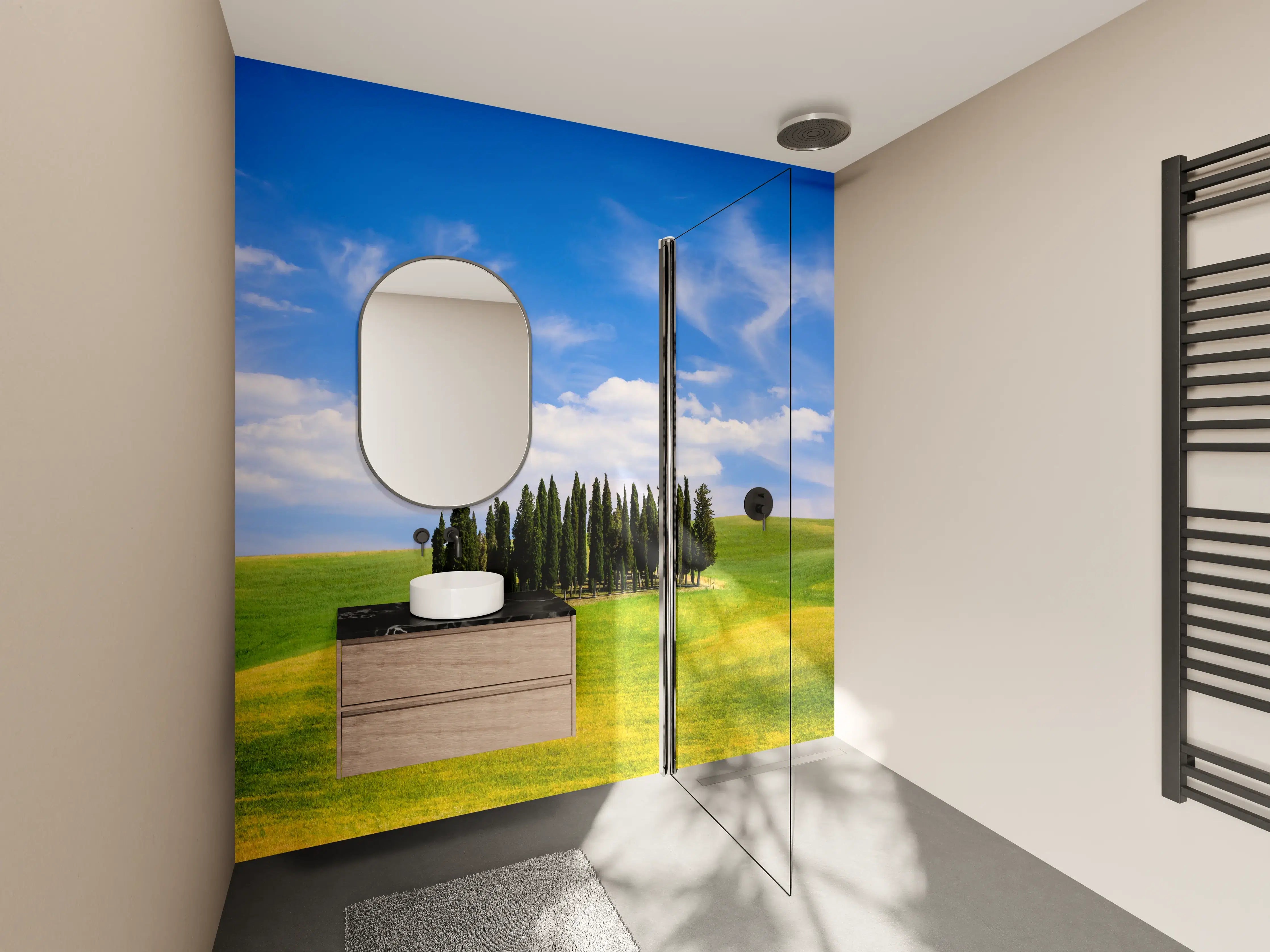 Wandverkleidung Bad - Grünes Hügelpanorama mit Wolken und Baumgruppe