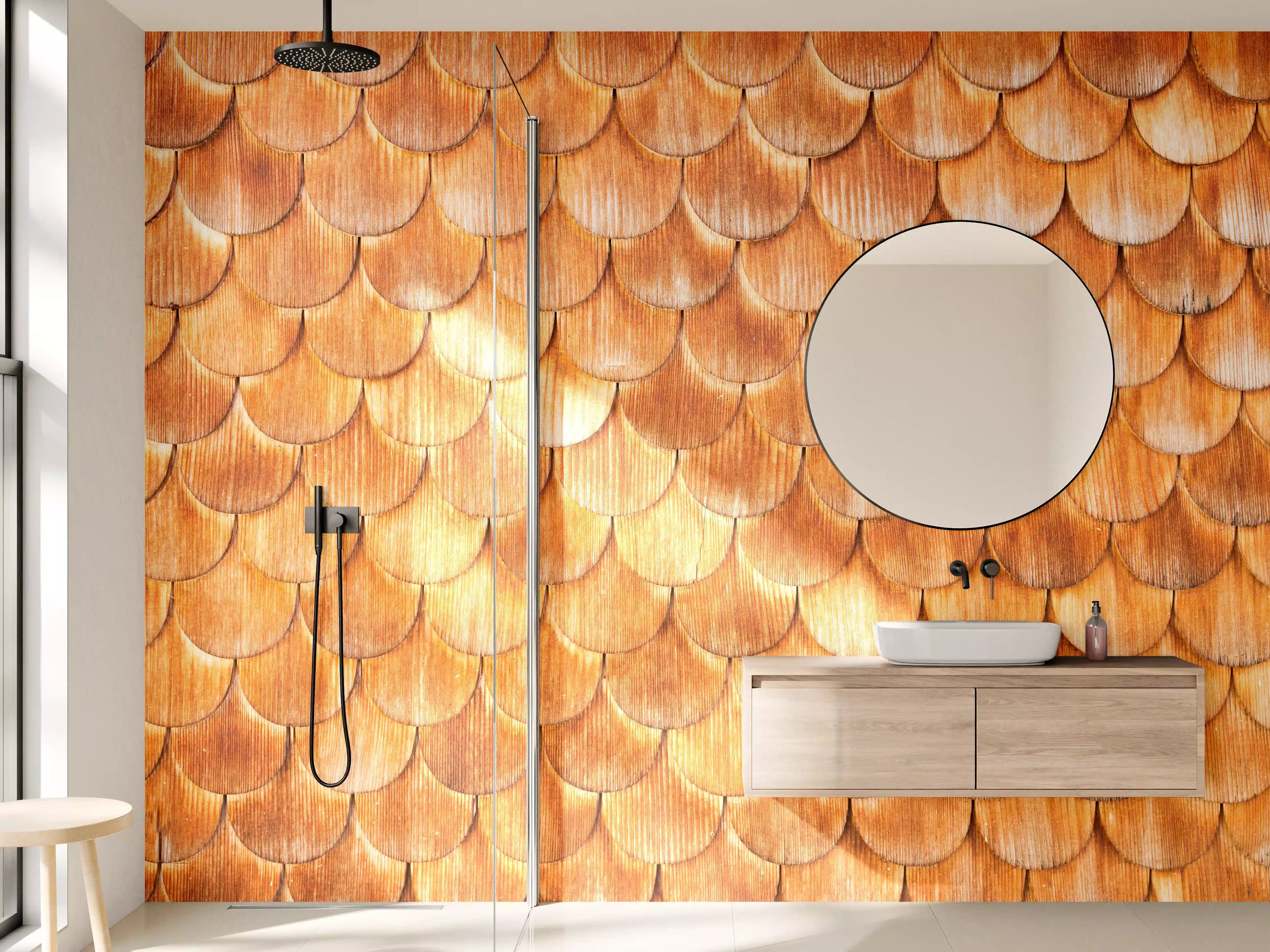 Wandverkleidung Bad - Hanf- und Pflanzendekor in warmen Brauntönen