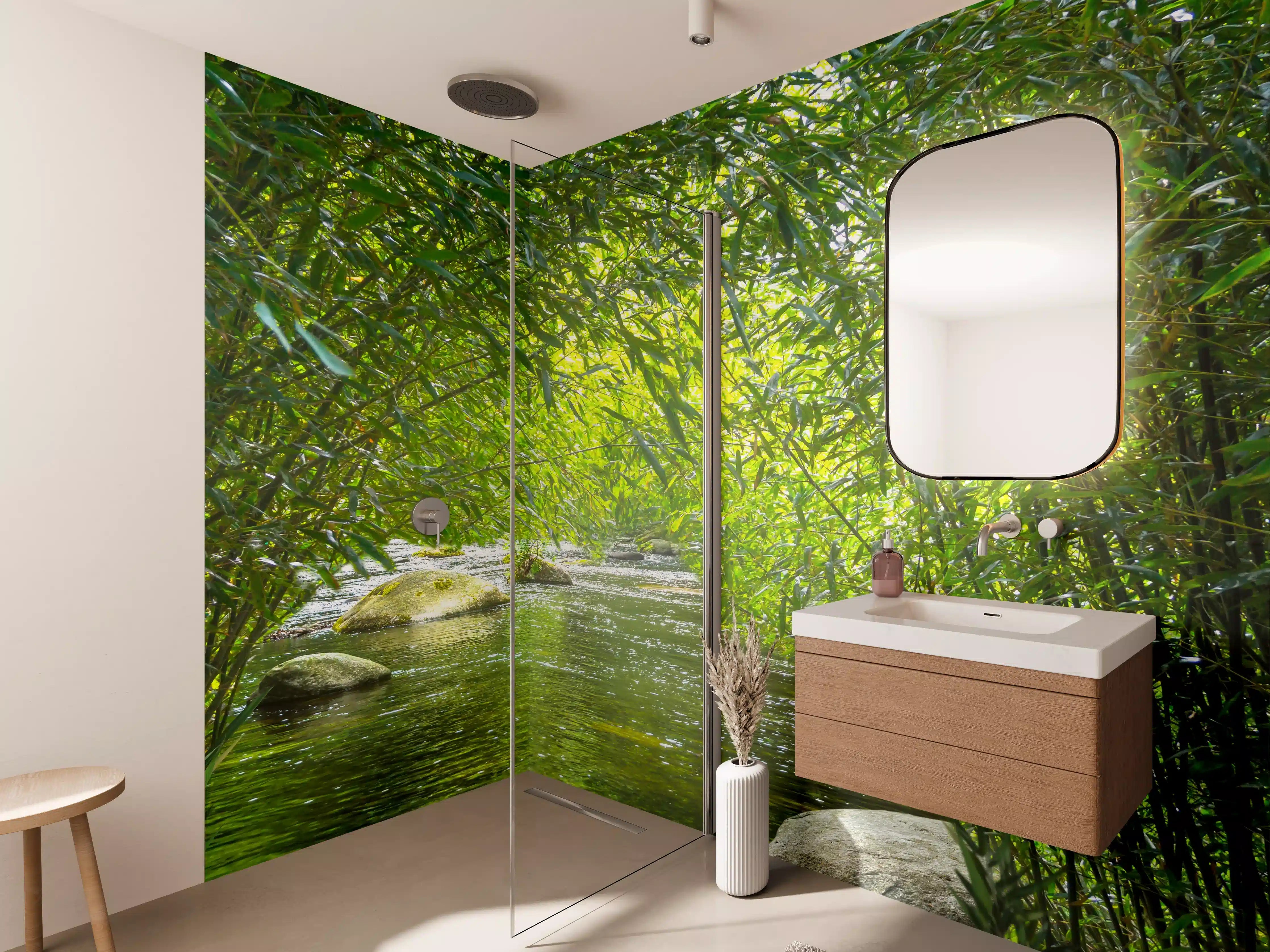 Wandverkleidung Bad - Harmonischer Bach zwischen Bambuspflanzen
