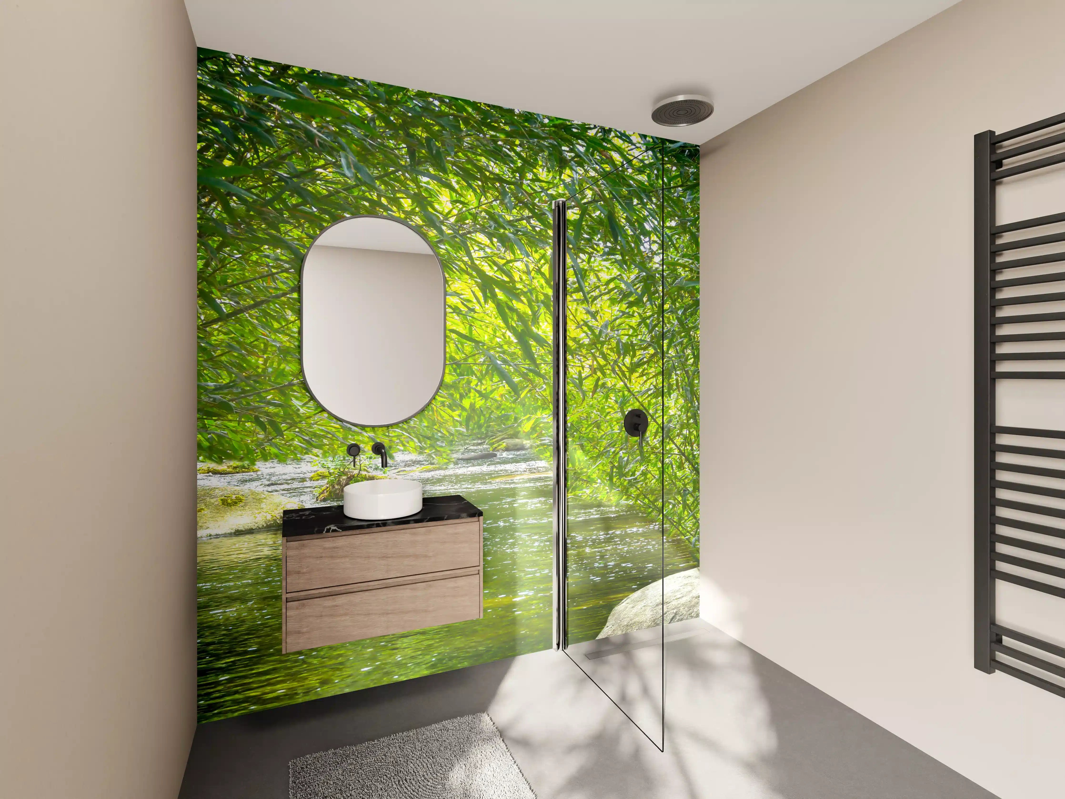 Wandverkleidung Bad - Harmonischer Bach zwischen Bambuspflanzen