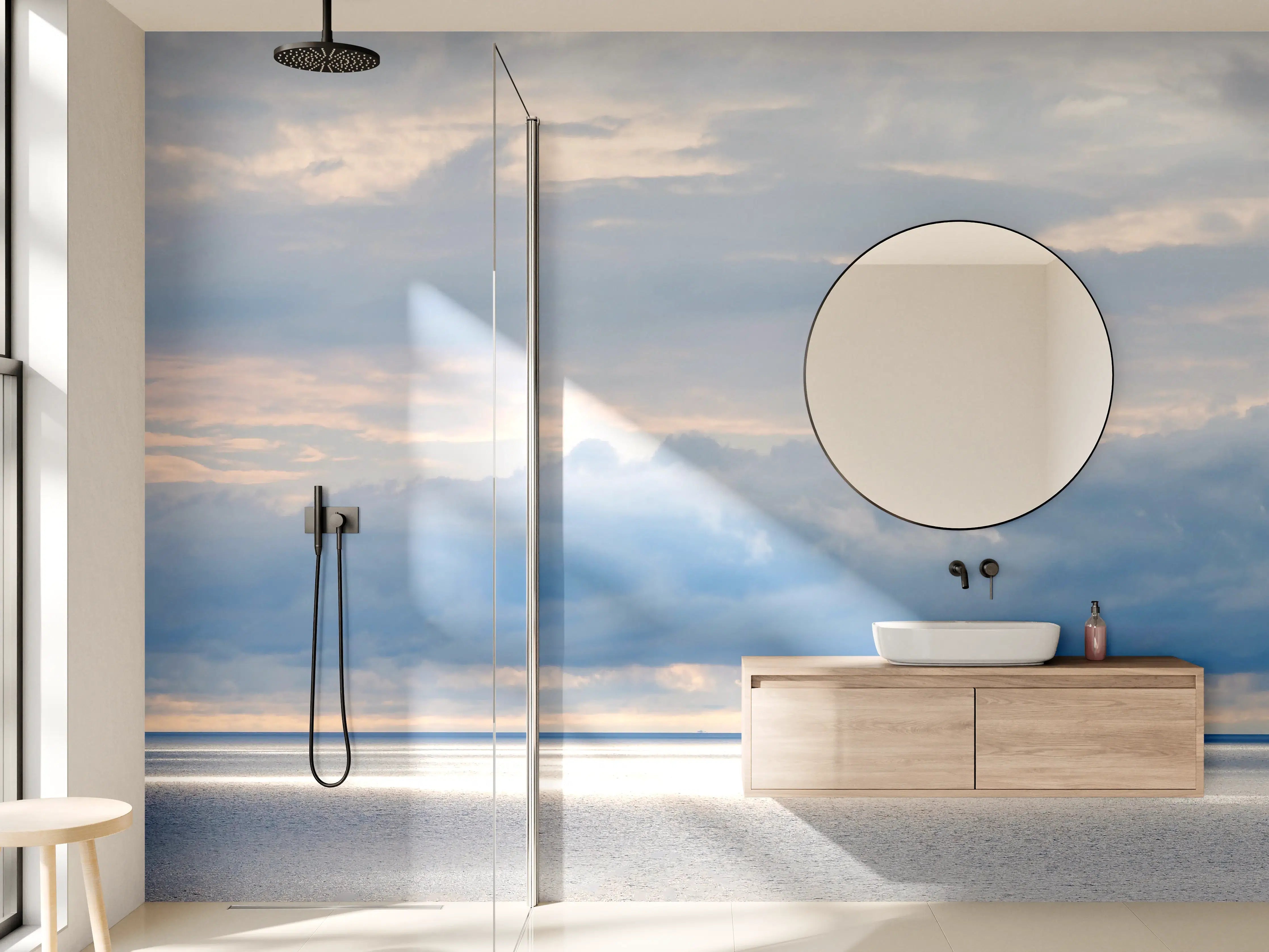 Wandverkleidung Bad - Harmonisches Blau-Grau-Meerespanorama