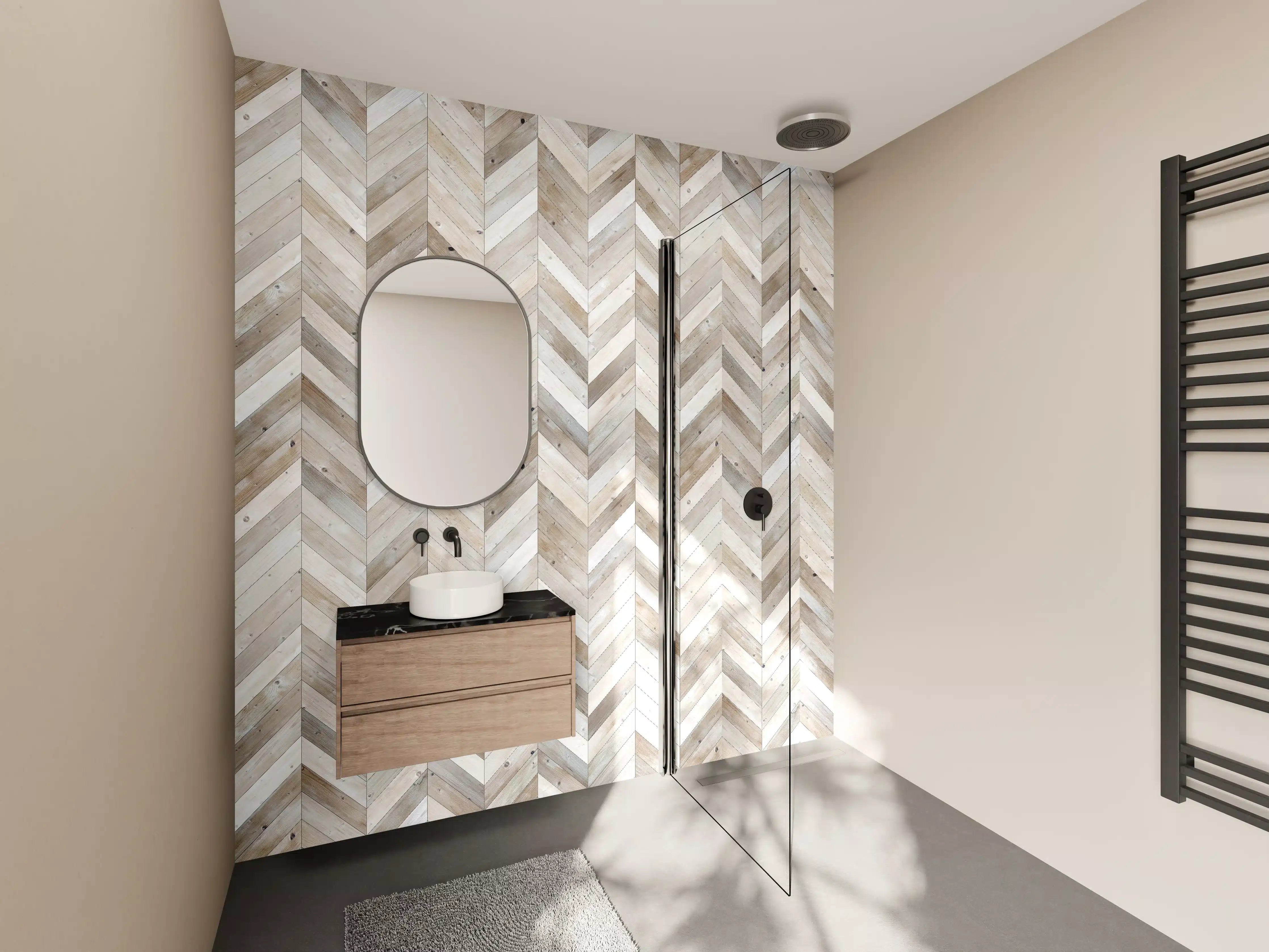 Wandverkleidung Bad - Hell: Weiß-Braun-Grau Holz-Design mit Chevron-Muster