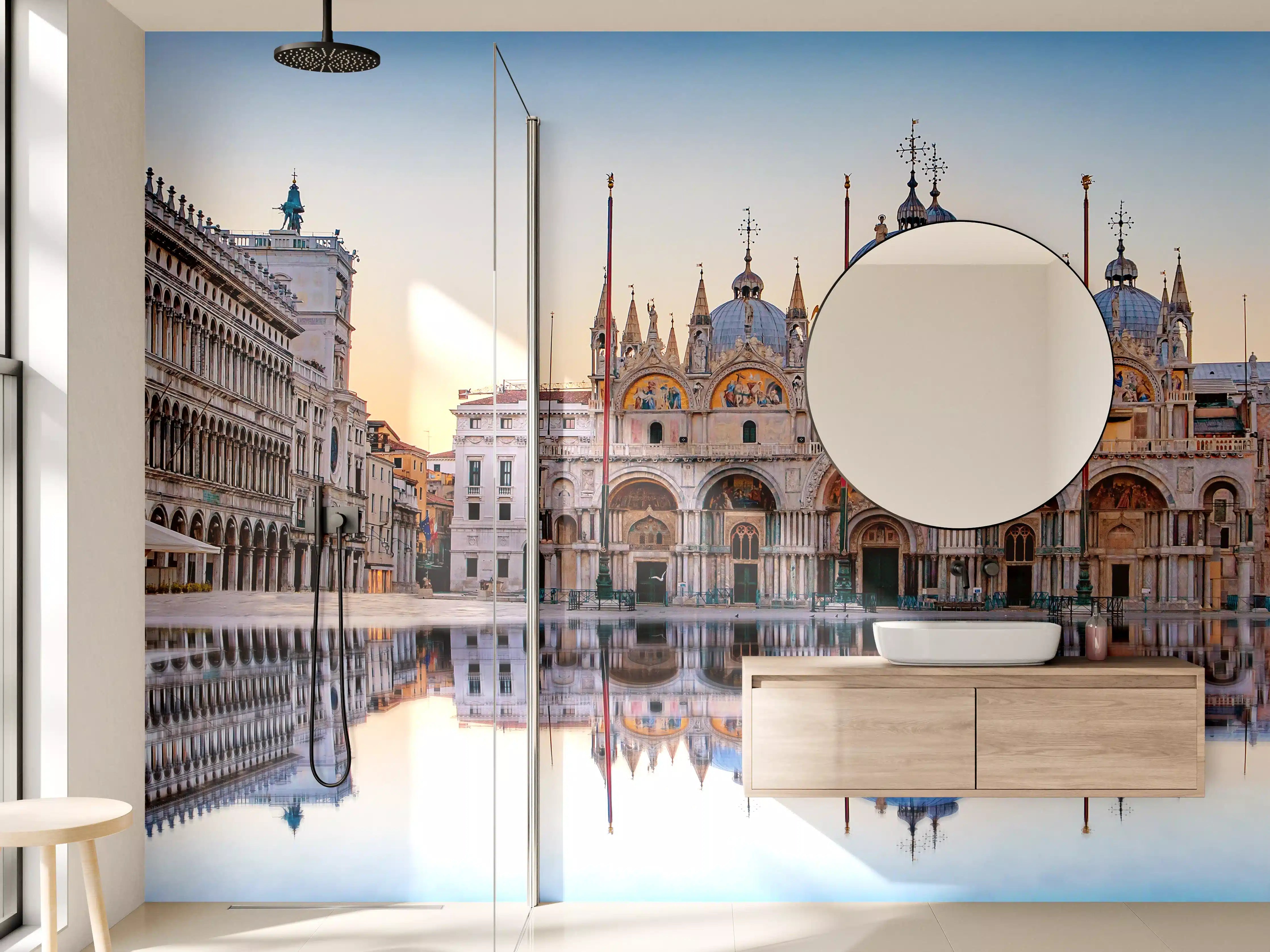 Wandverkleidung Bad - Hellas-Architektur am Wasser bei Sonnenuntergang