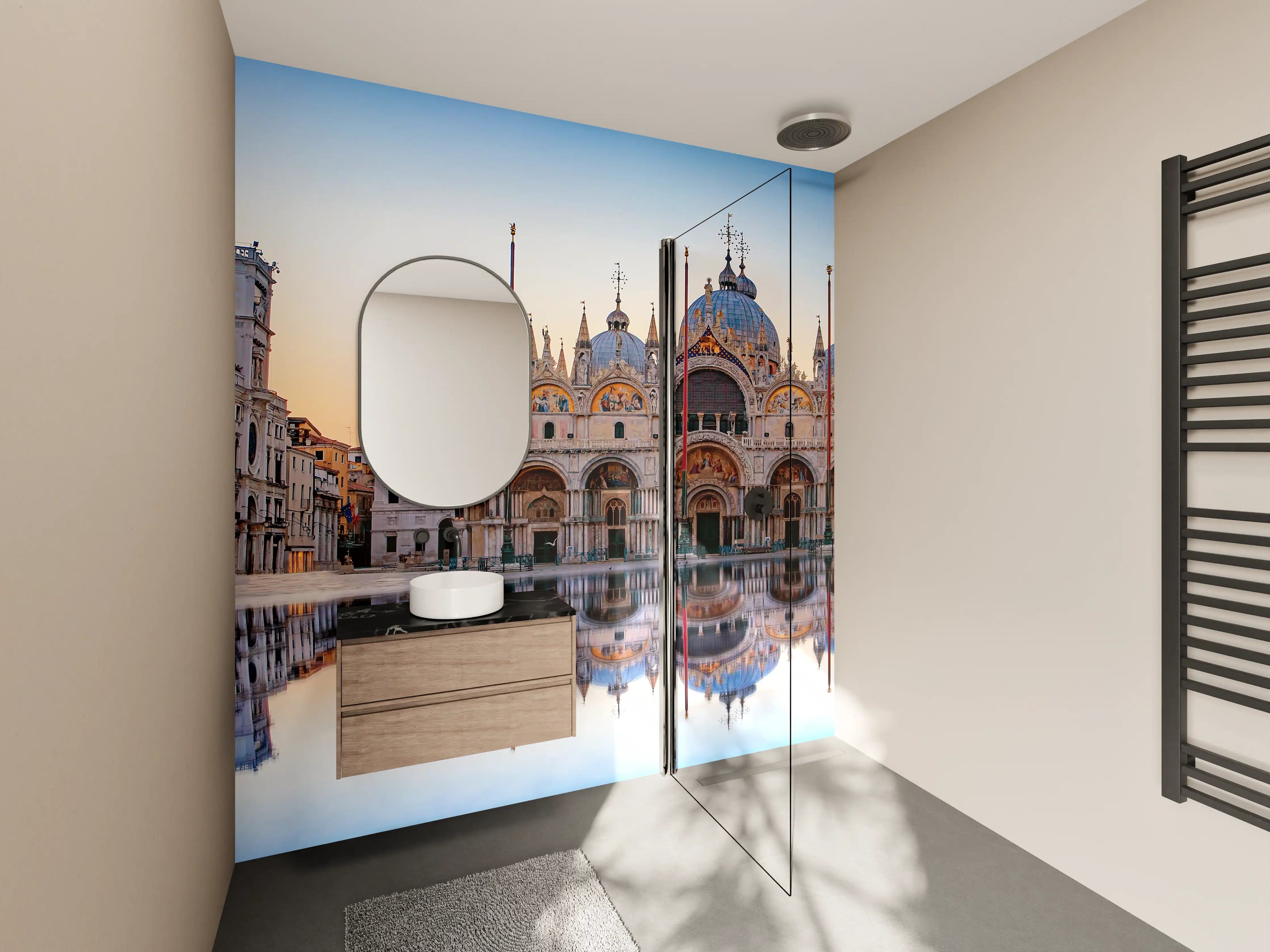 Wandverkleidung Bad - Hellas-Architektur am Wasser bei Sonnenuntergang