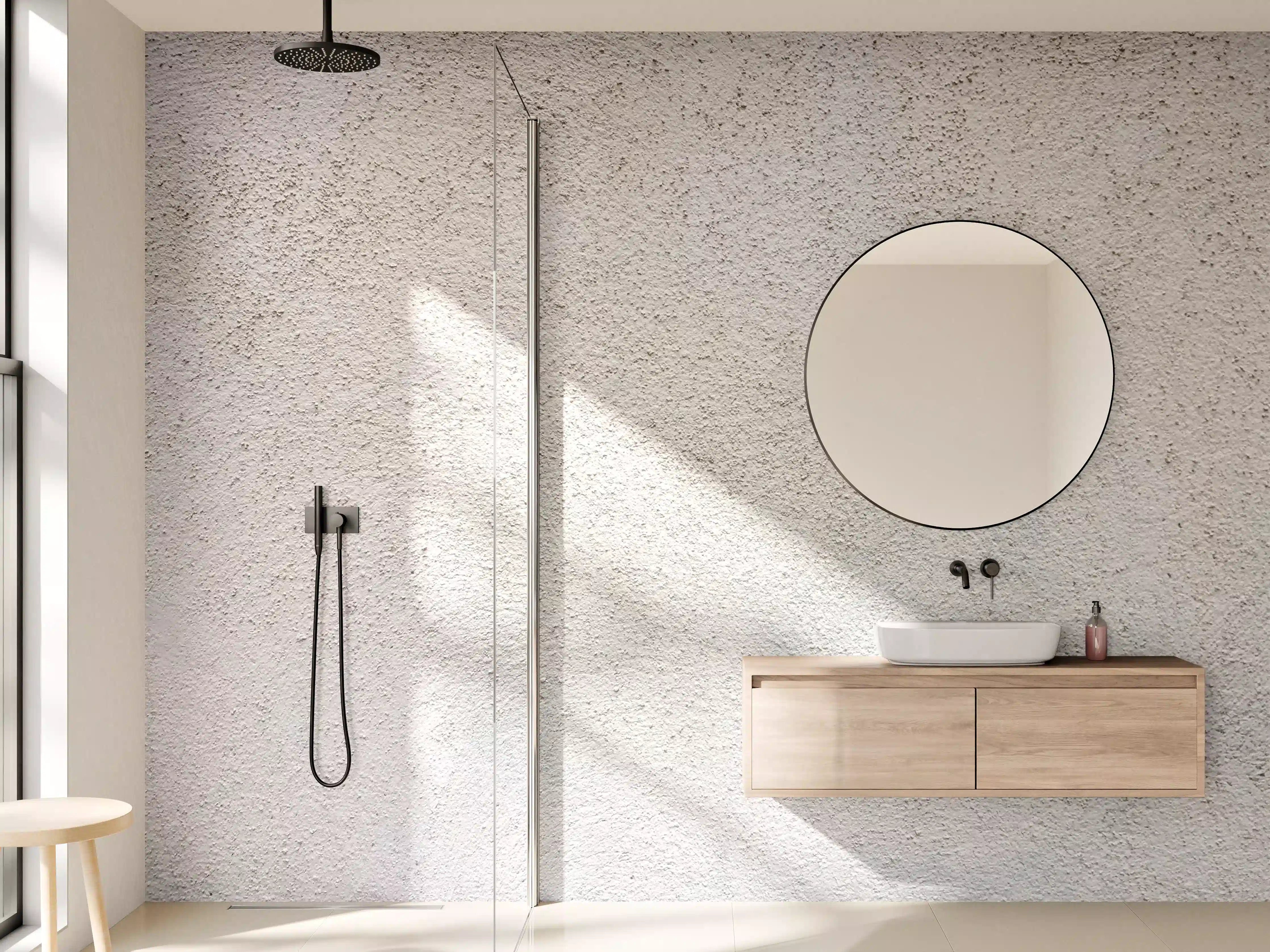 Wandverkleidung Bad - Hellbeige Putzwand mit Textur