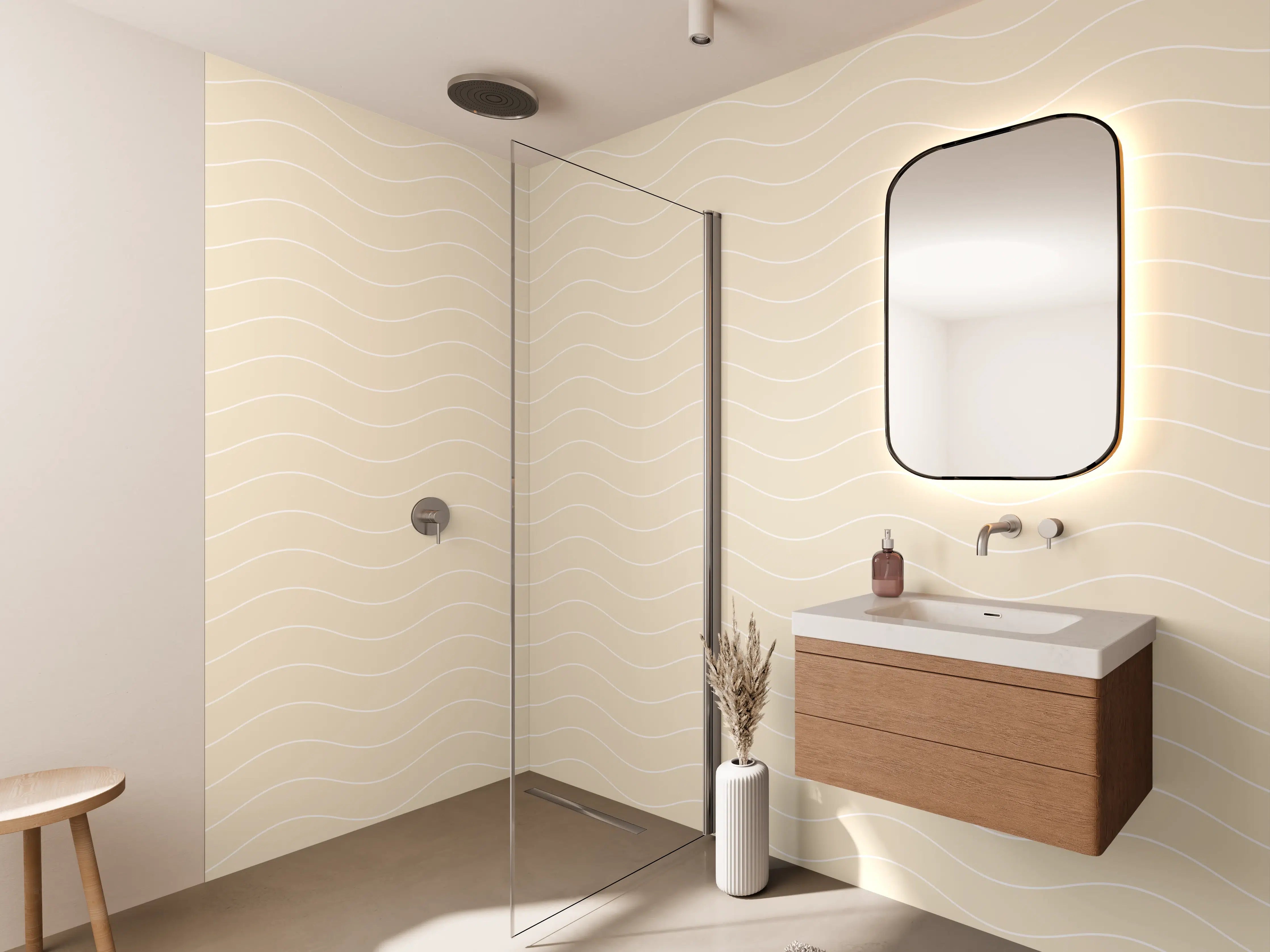 Wandverkleidung Bad - Hellbeige Wand mit feiner Wellenstruktur