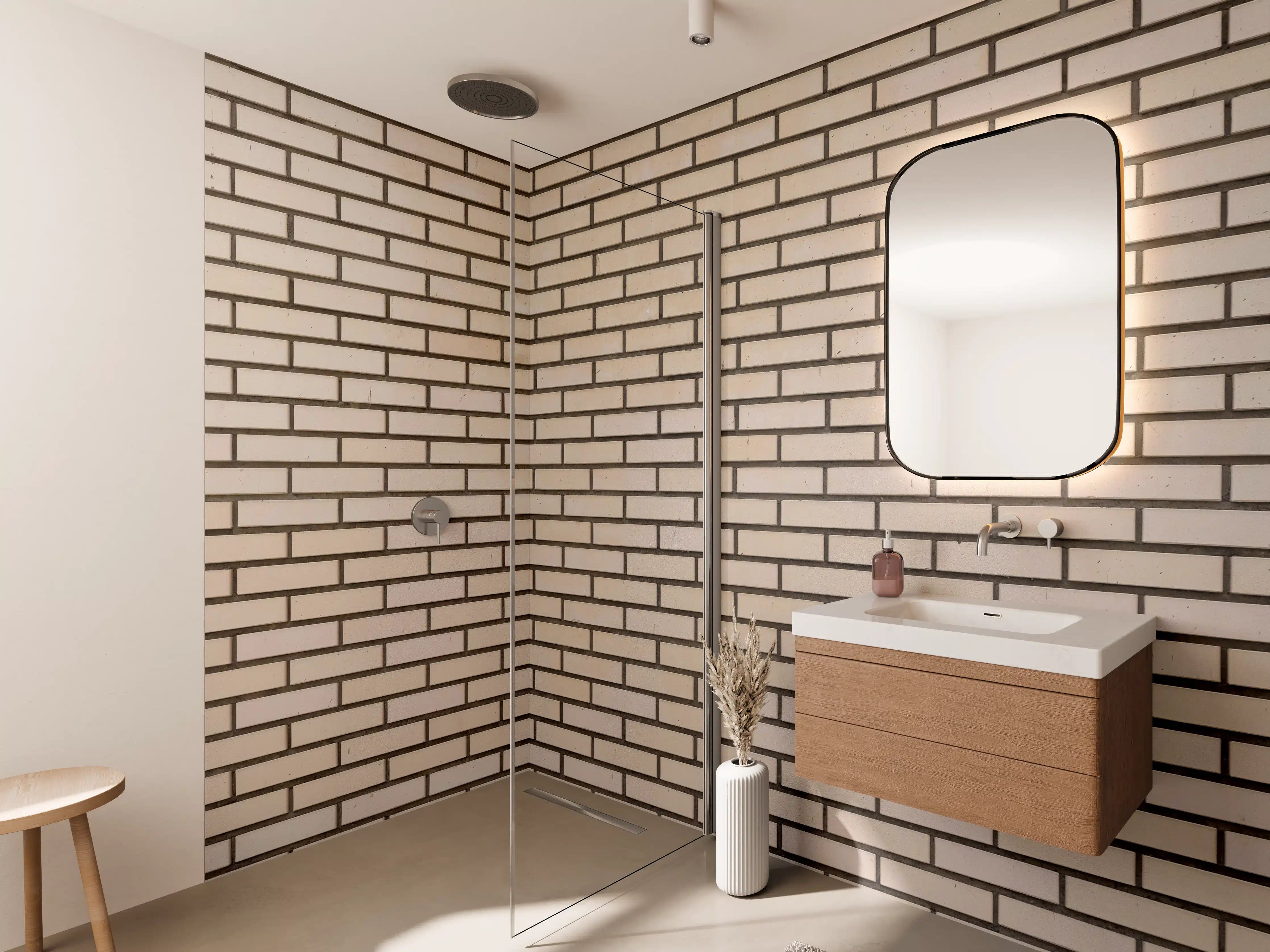 Wandverkleidung Bad - Hellbeige Ziegelmauer mit dunklen Fugen