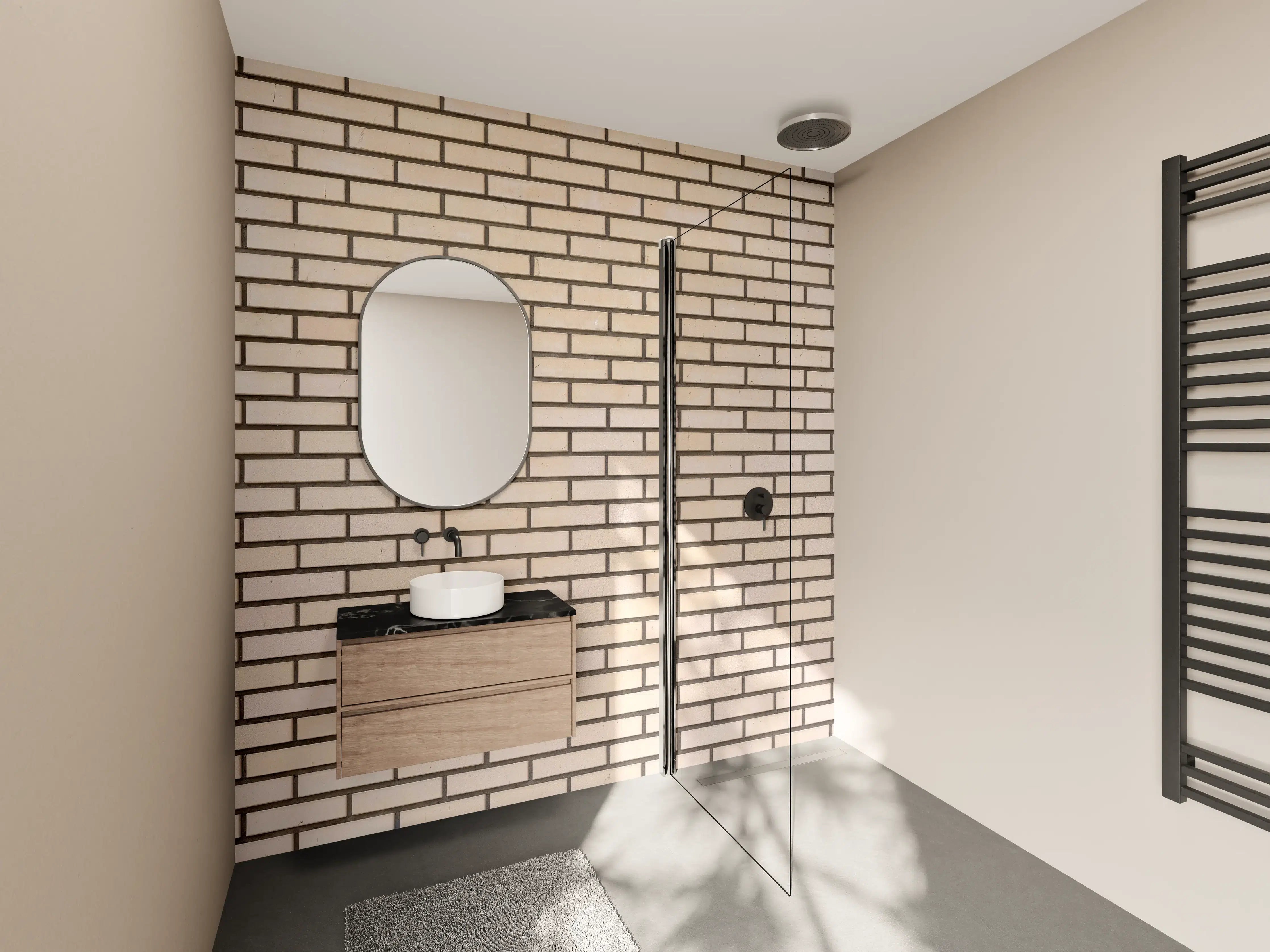 Wandverkleidung Bad - Hellbeige Ziegelmauer mit dunklen Fugen