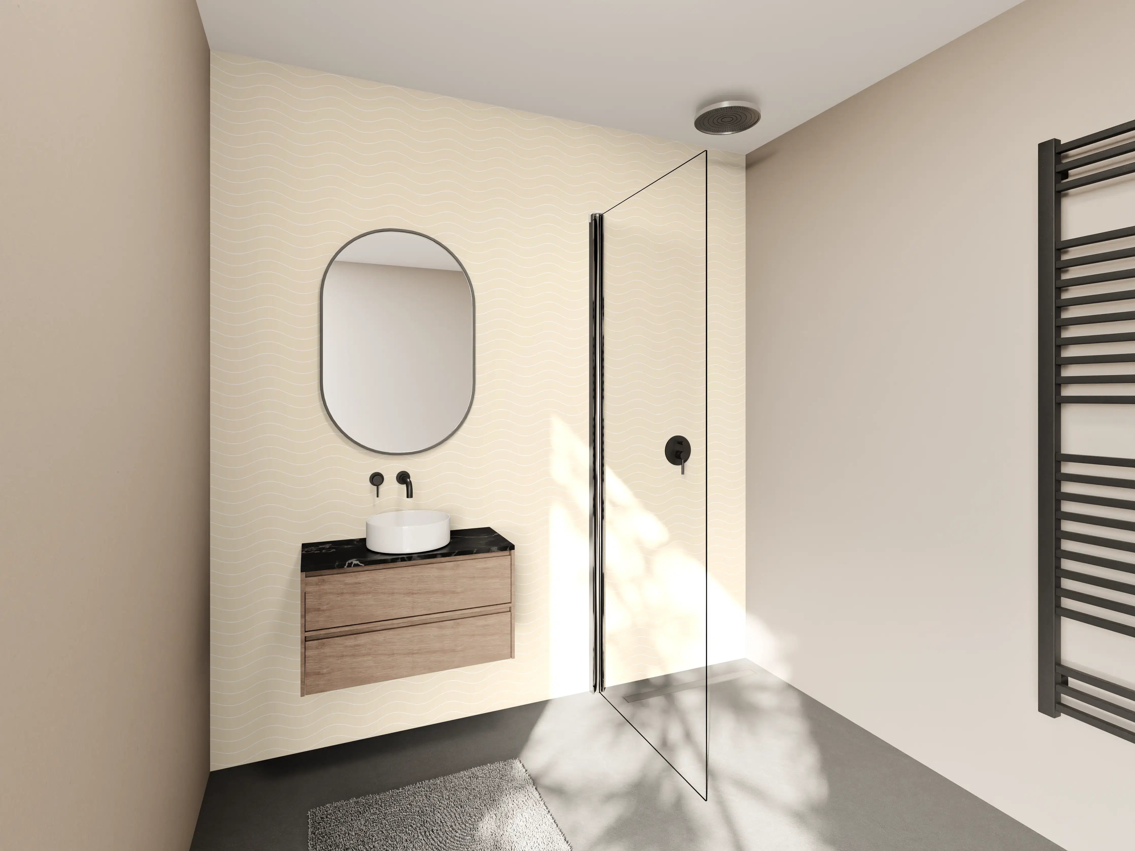 Wandverkleidung Bad - Helle Beige Wand mit subtiler Wellenstruktur