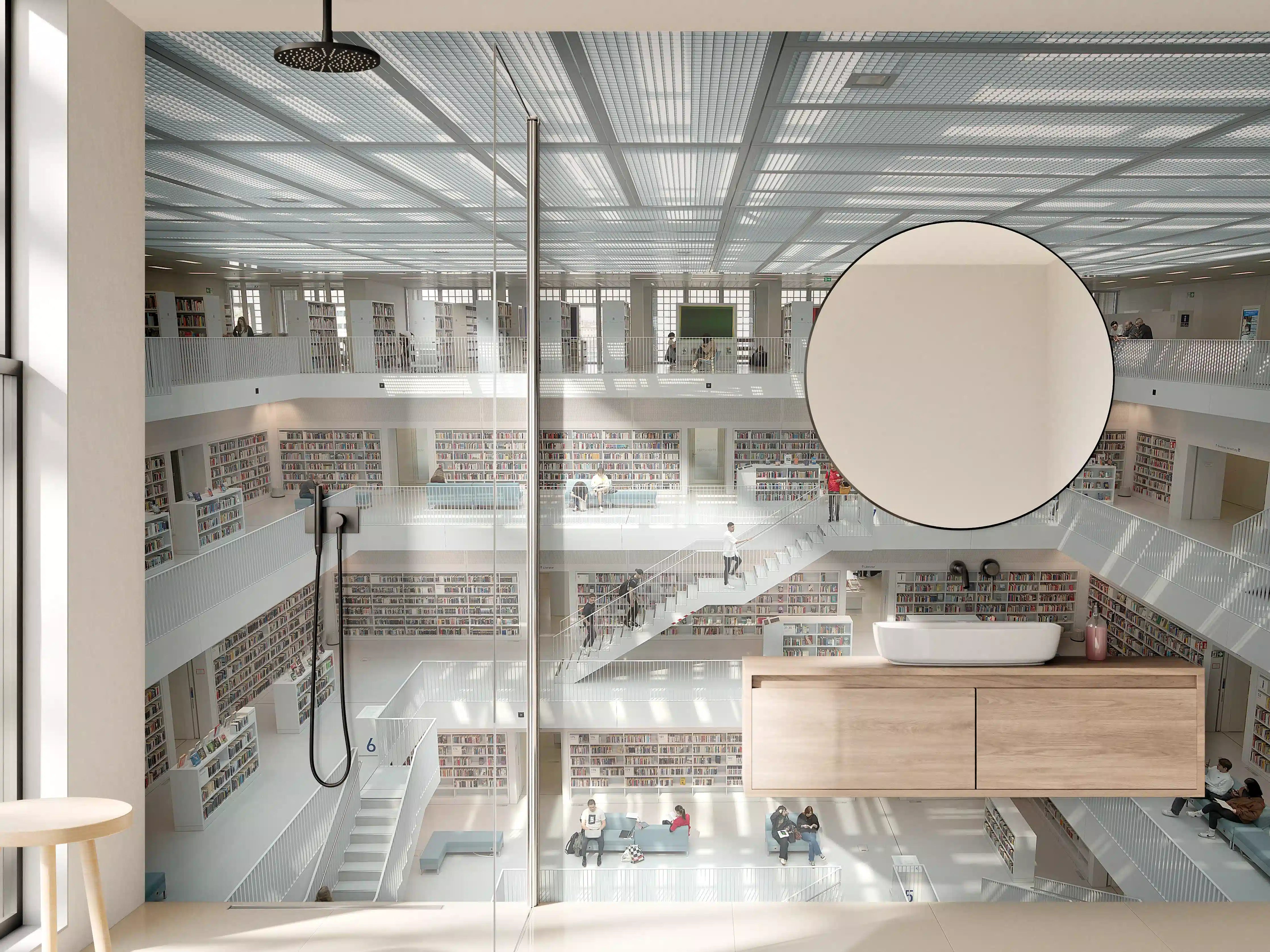 Wandverkleidung Bad - Helle Bibliothek in Stuttgart