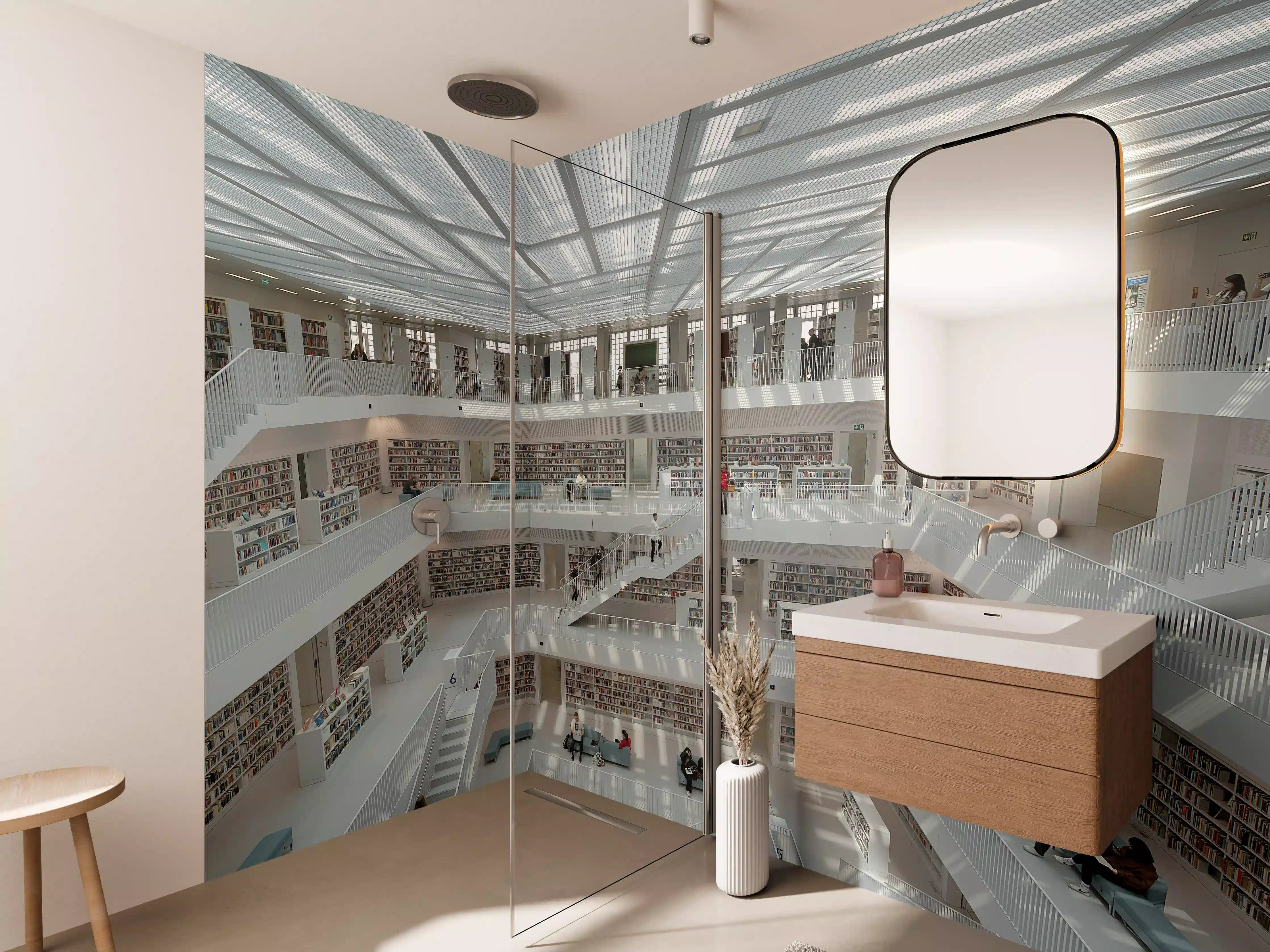 Wandverkleidung Bad - Helle Bibliothek in Stuttgart