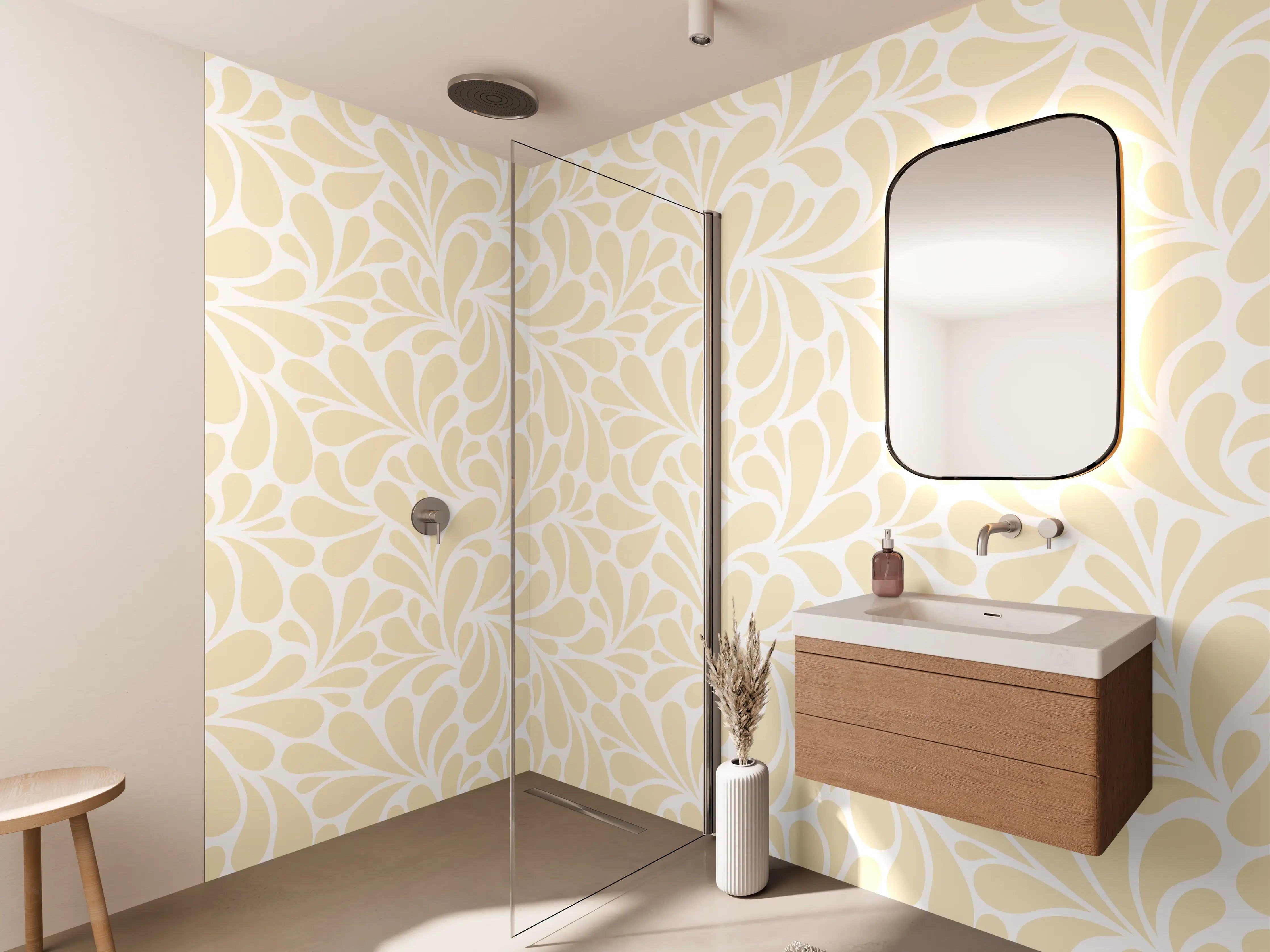 Wandverkleidung Bad - Helle Blumenmuster mit Beige-Tönen