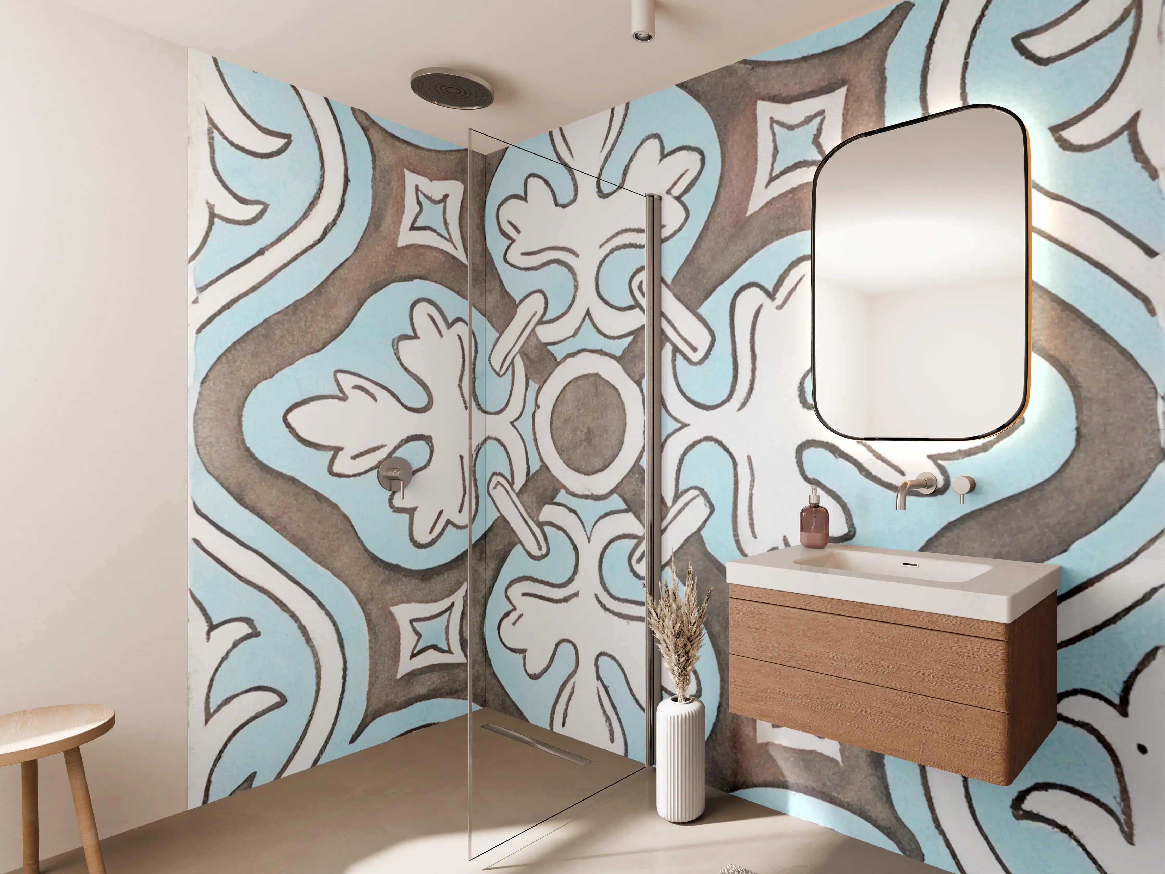 Wandverkleidung Bad - Helle Fliesenmuster mit Blau- und Grautönen