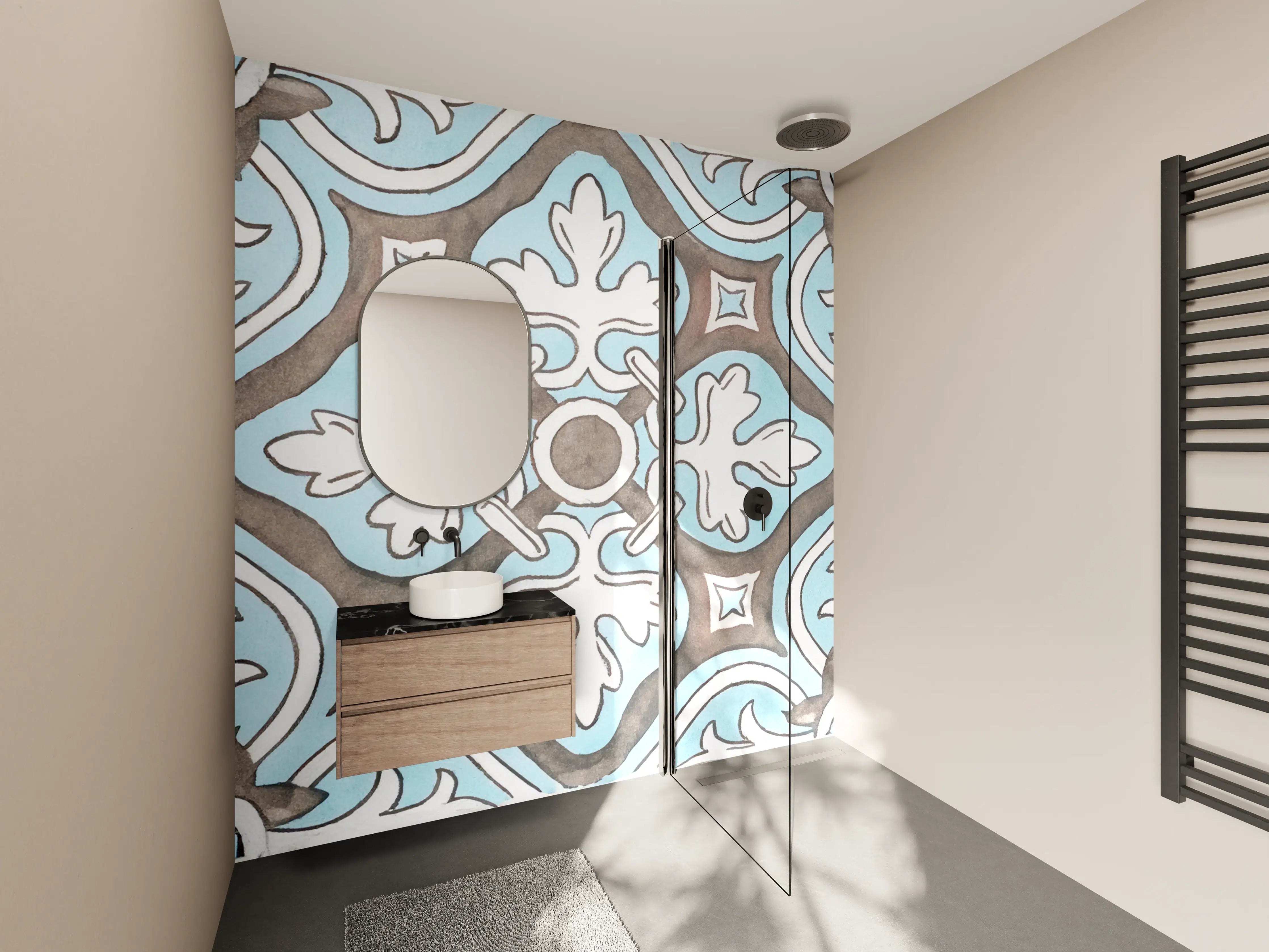 Wandverkleidung Bad - Helle Fliesenmuster mit Blau- und Grautönen