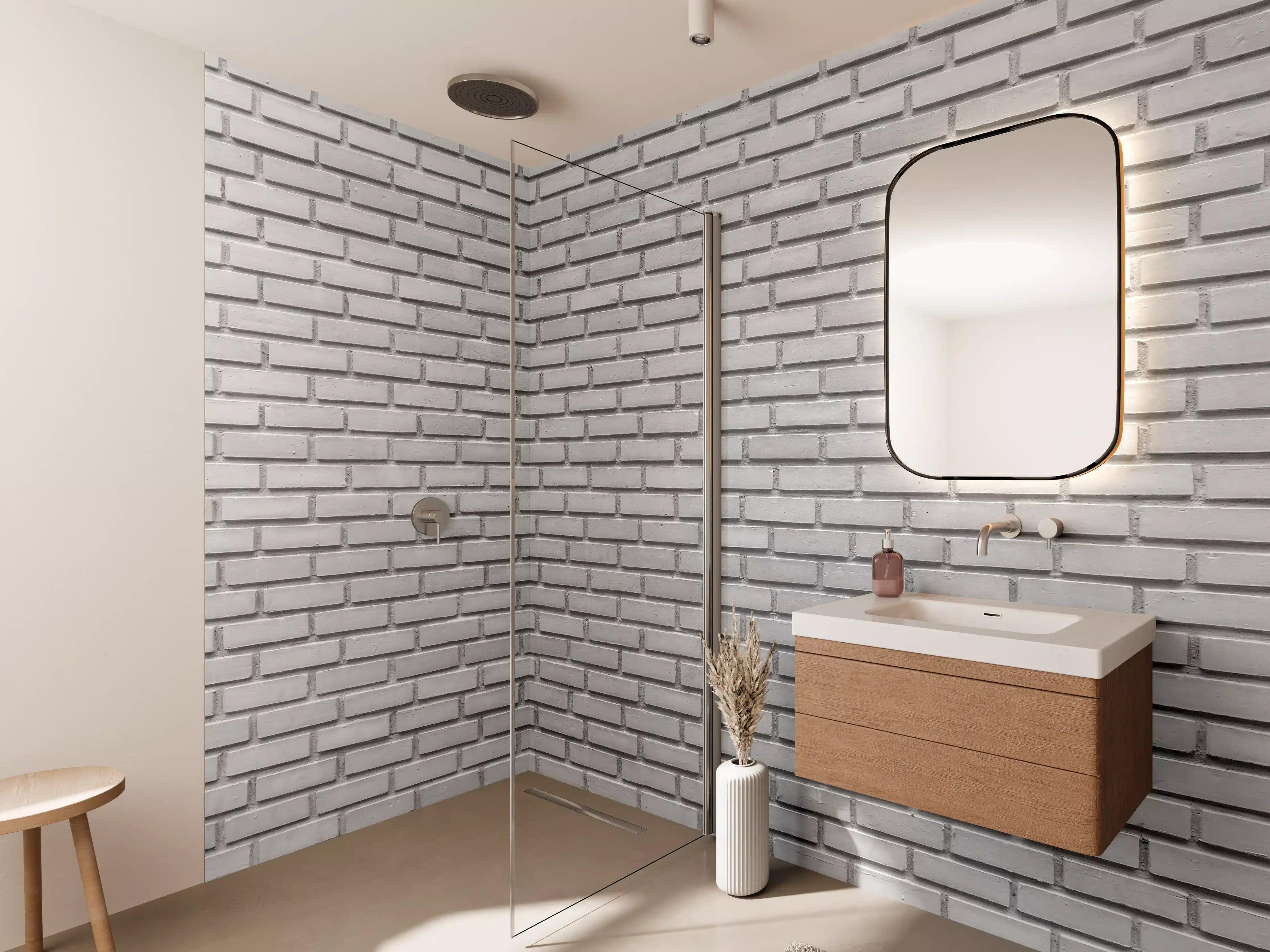 Wandverkleidung Bad - Helle Grauziegelwand