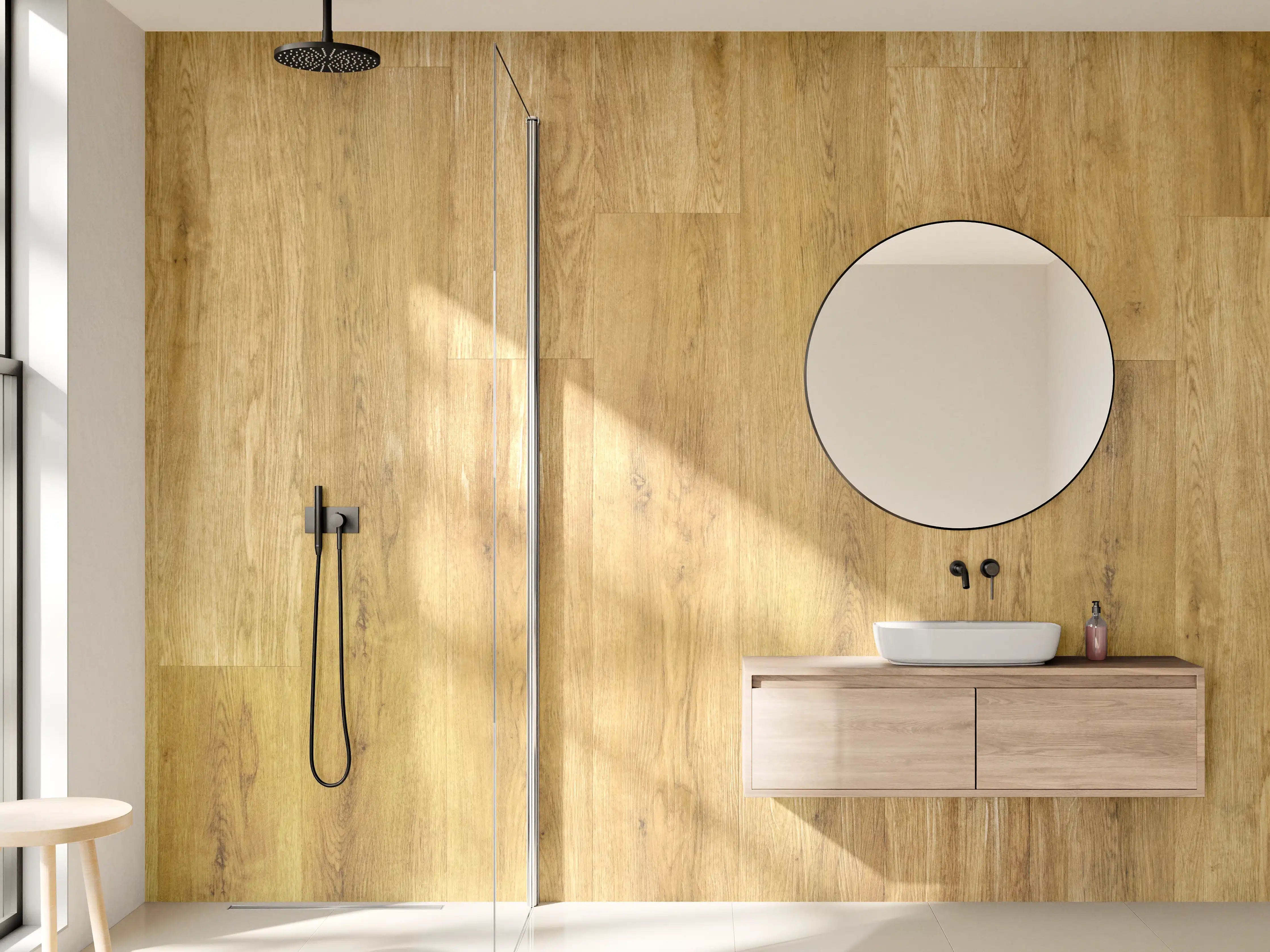 Wandverkleidung Bad - Helle Holzfußbodenoptik