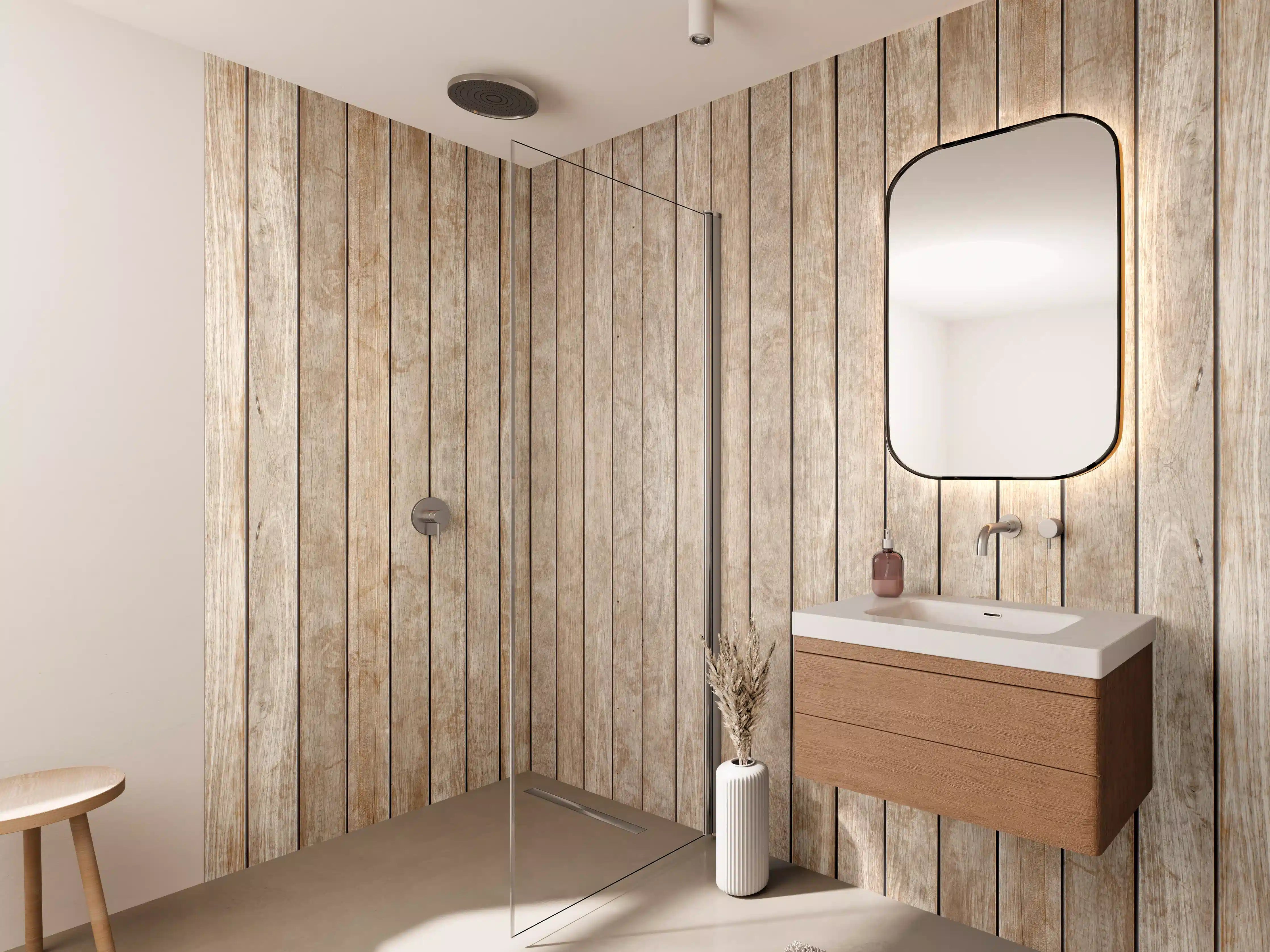 Wandverkleidung Bad - Helle Holzmaserung mit Grautönen