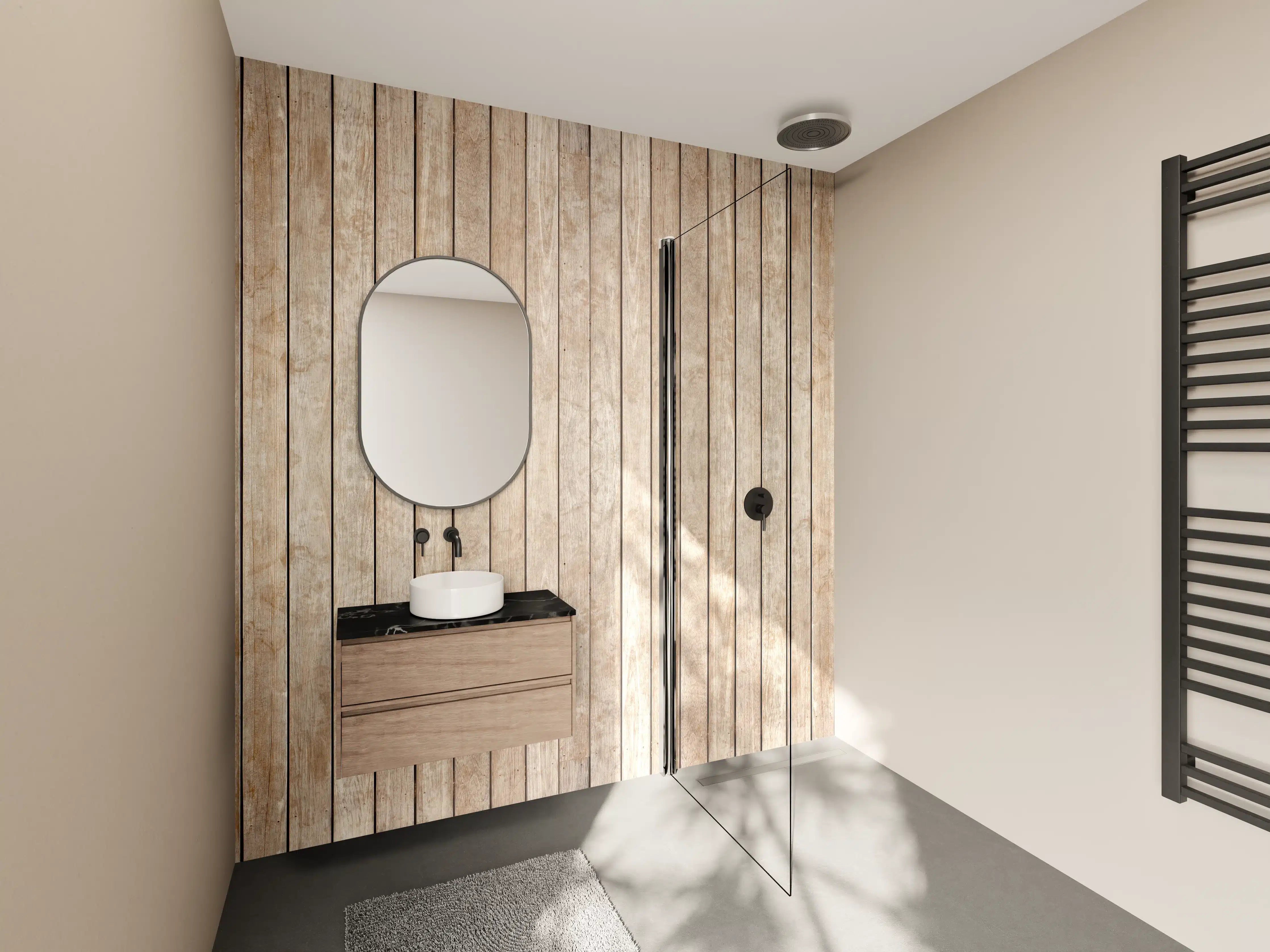 Wandverkleidung Bad - Helle Holzmaserung mit Grautönen
