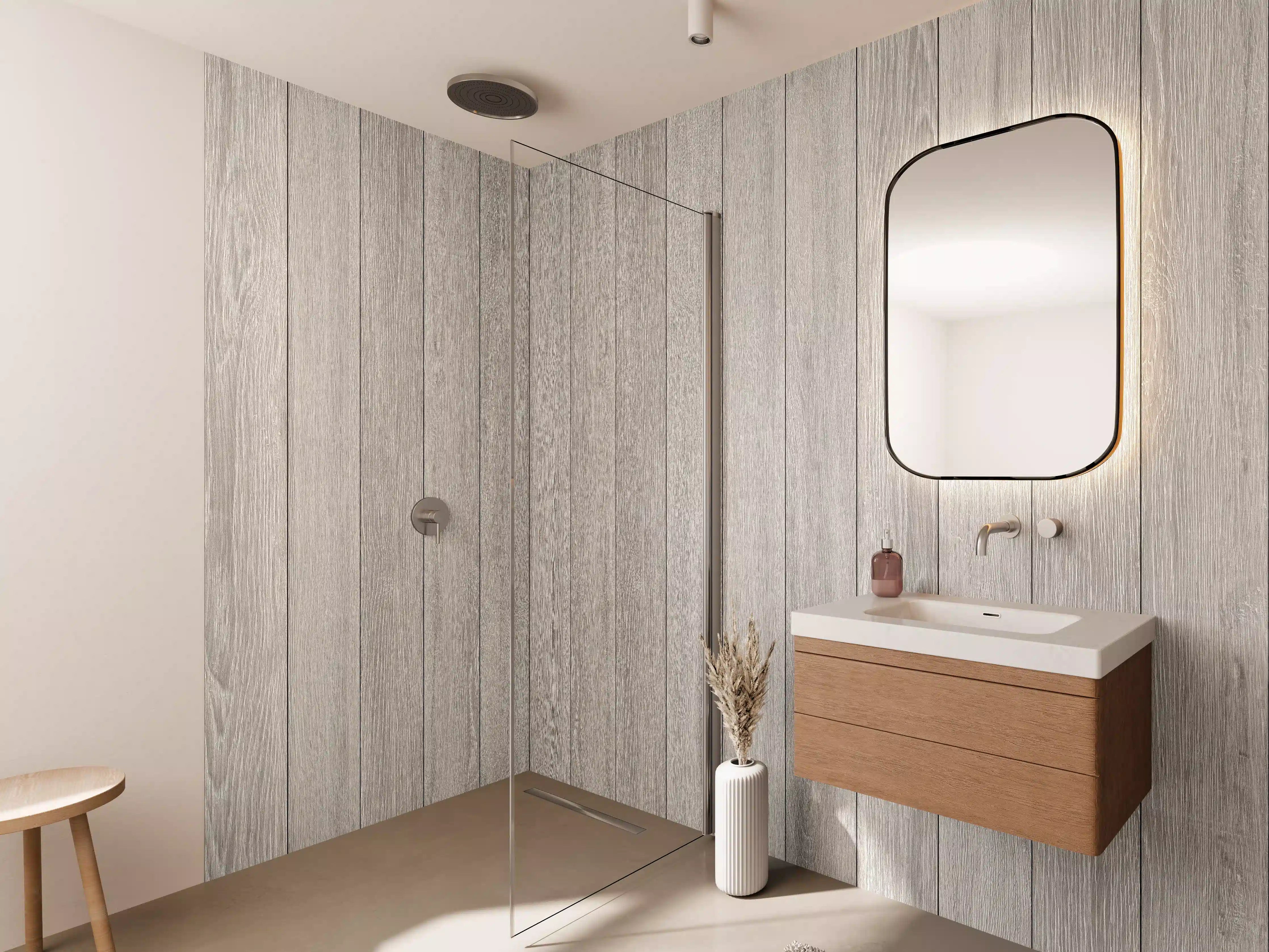 Wandverkleidung Bad - Helle Holzoptik mit Grau-Details