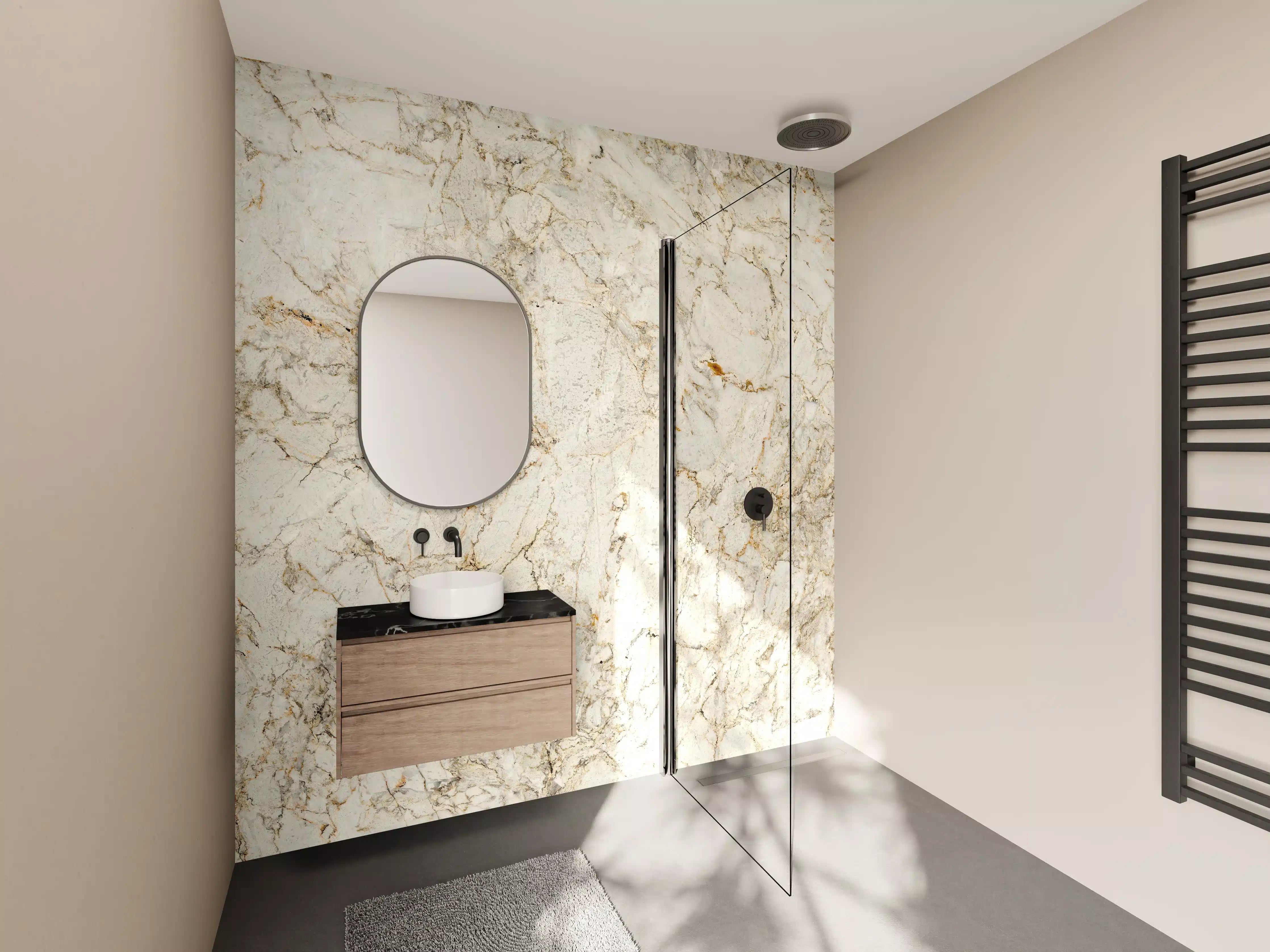 Wandverkleidung Bad - Helle Marmortextur in Creme-Tönen