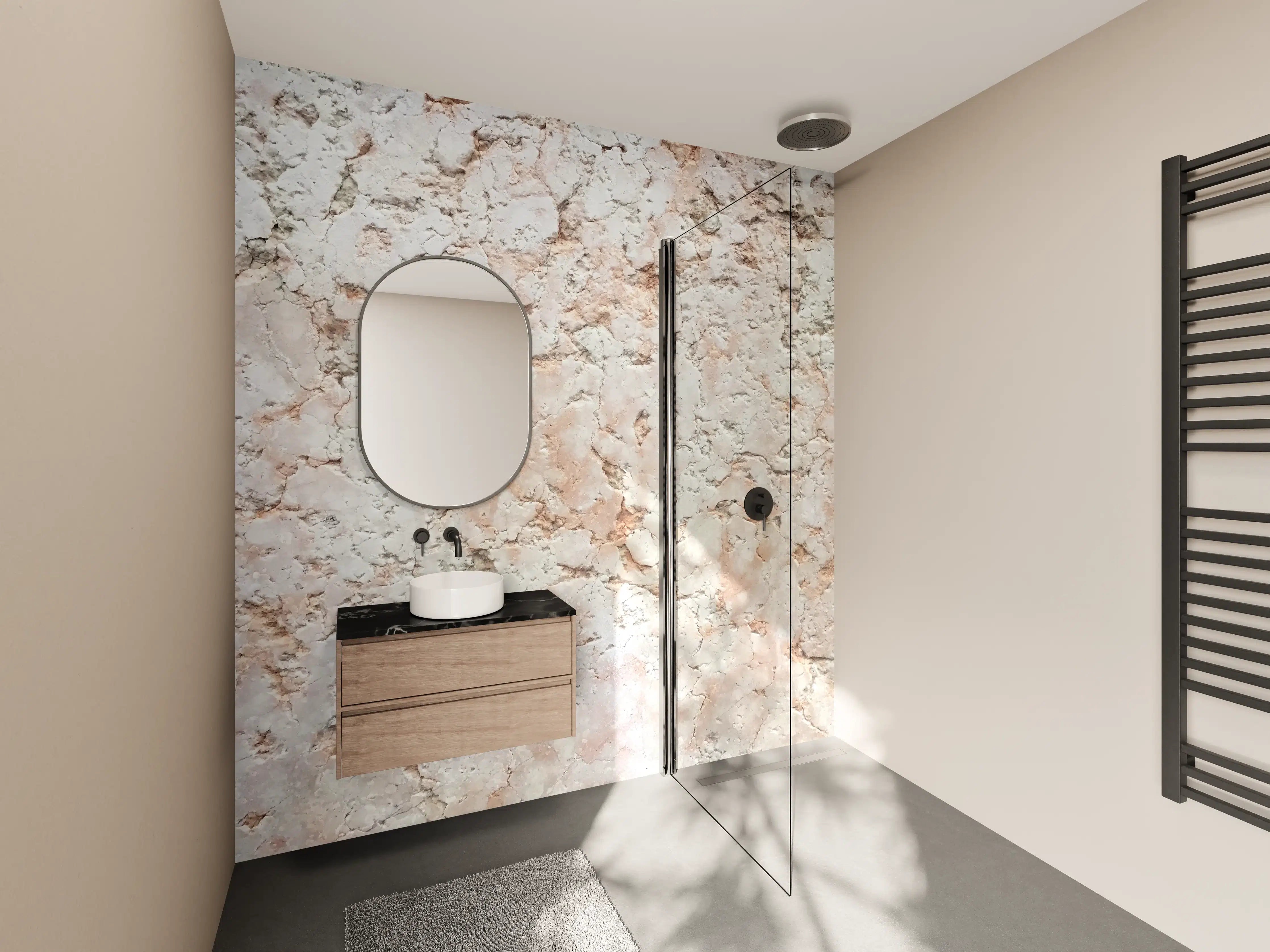 Wandverkleidung Bad - Helle Putzstruktur mit warmen Farbtönen