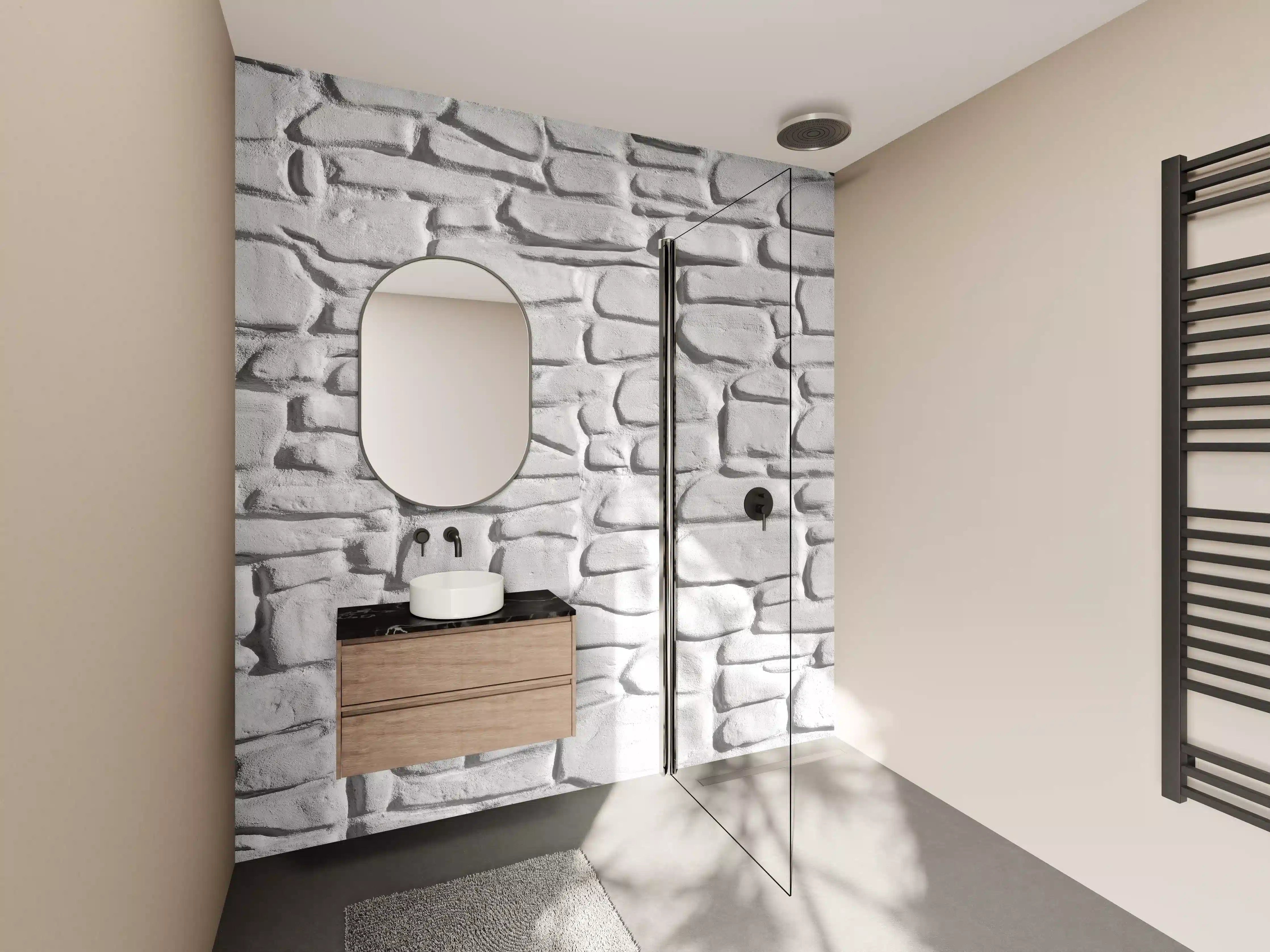 Wandverkleidung Bad - Helle Steinmauer mit weißem Mörtel